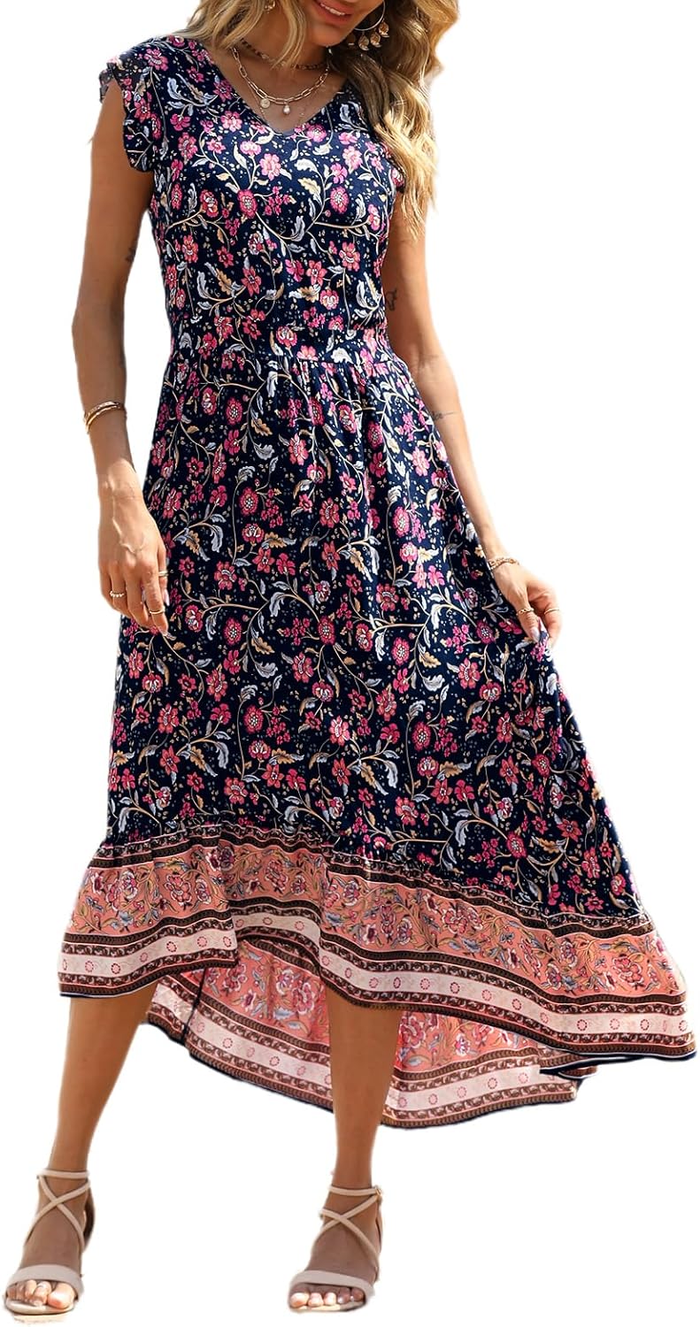 PRETTYGARDEN Women's Summer Maxi Dress Casual Floral V Neck Cap Sleeves Boho High Low Flowy Midi Long Sun Dresses