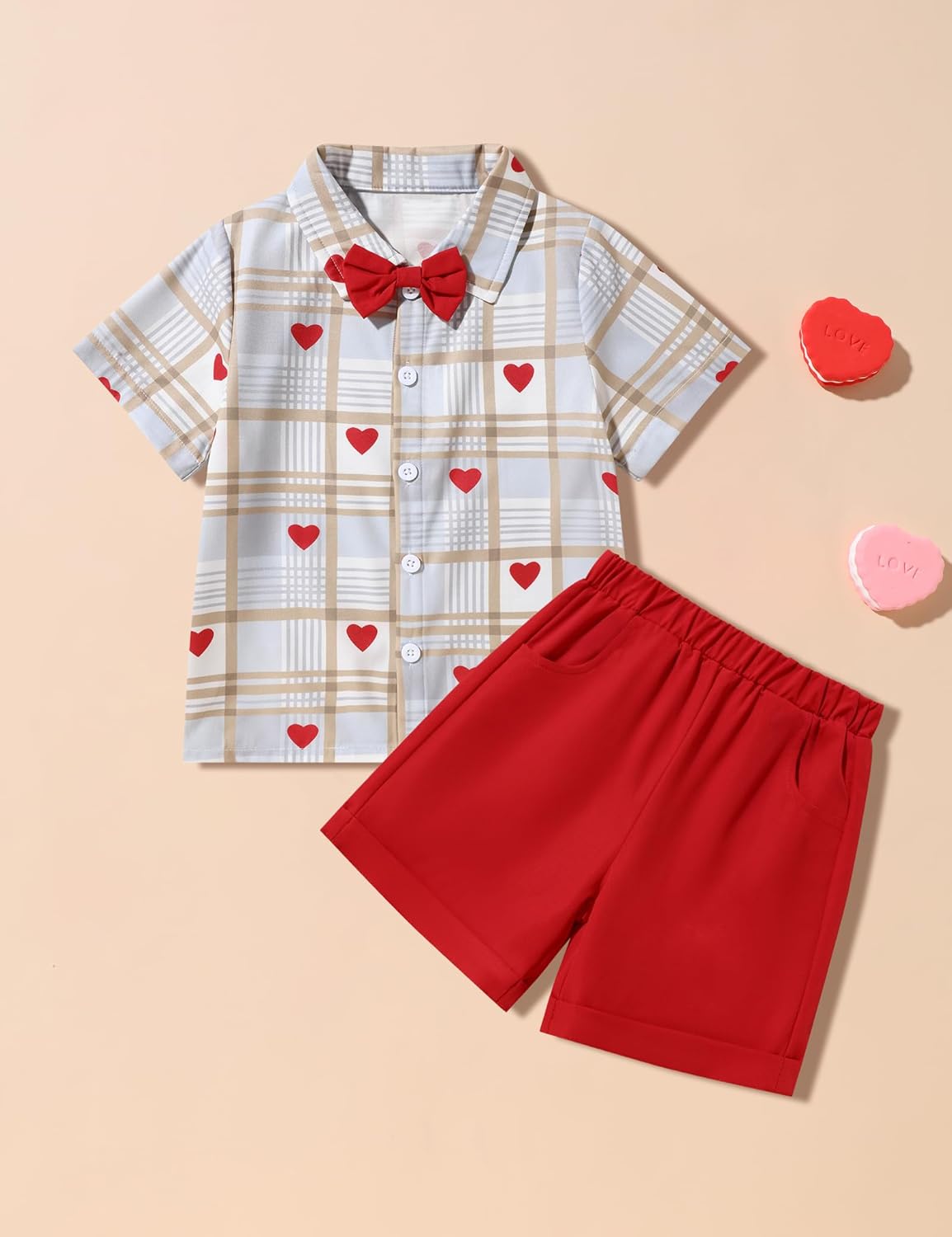 Sinda Toddler Baby Boy Valentines Outfit Love Heart Shirt Red Shorts Valentine Clothing Sets12M-5T - Image 4