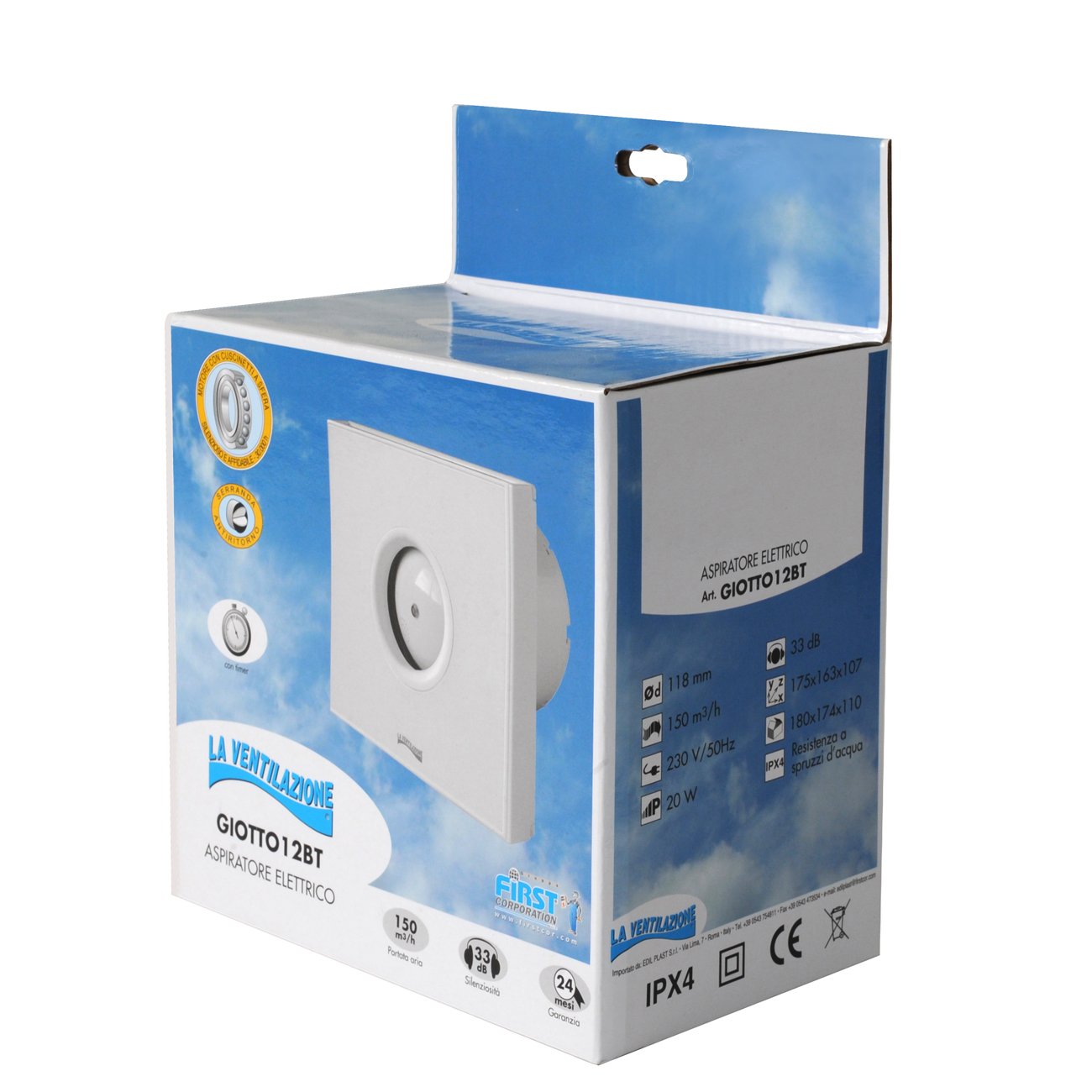 La Ventilazione GIOTTO12BT Aspiratore Elicoidale Design Extra Piatto Bianco, per Foro diametro 120 mm / 5"