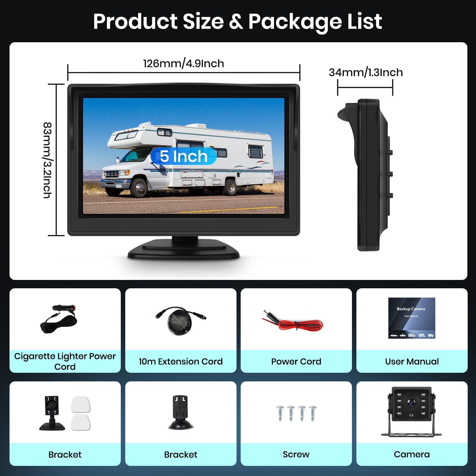 VECHTE Cámara Marcha Atras 5 Pulgadas IPS HD Monitor 1 Cámara Trasera Coche de Visión Nocturna Imperme IP68 para Coche Camiones Autobuses Furgonetas Camiones, 10m Cable