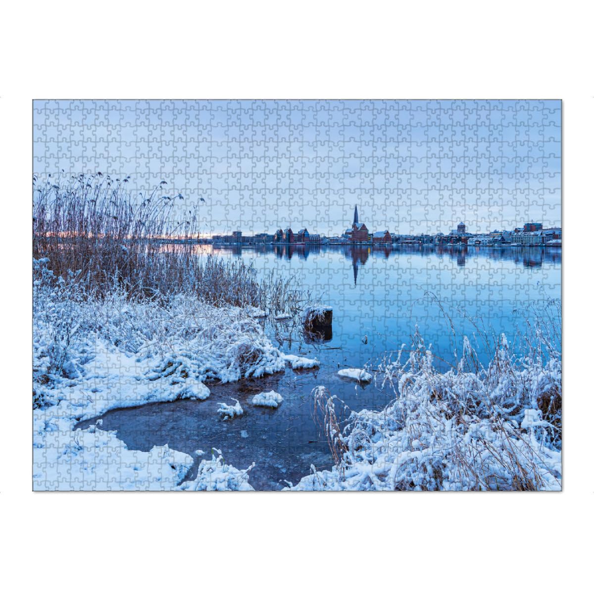 artboxONE-Puzzle XXL (1500 Teile) Städte Fluss, Stadt, Schnee, Schilf - Puzzle Warnow fluss gebäude