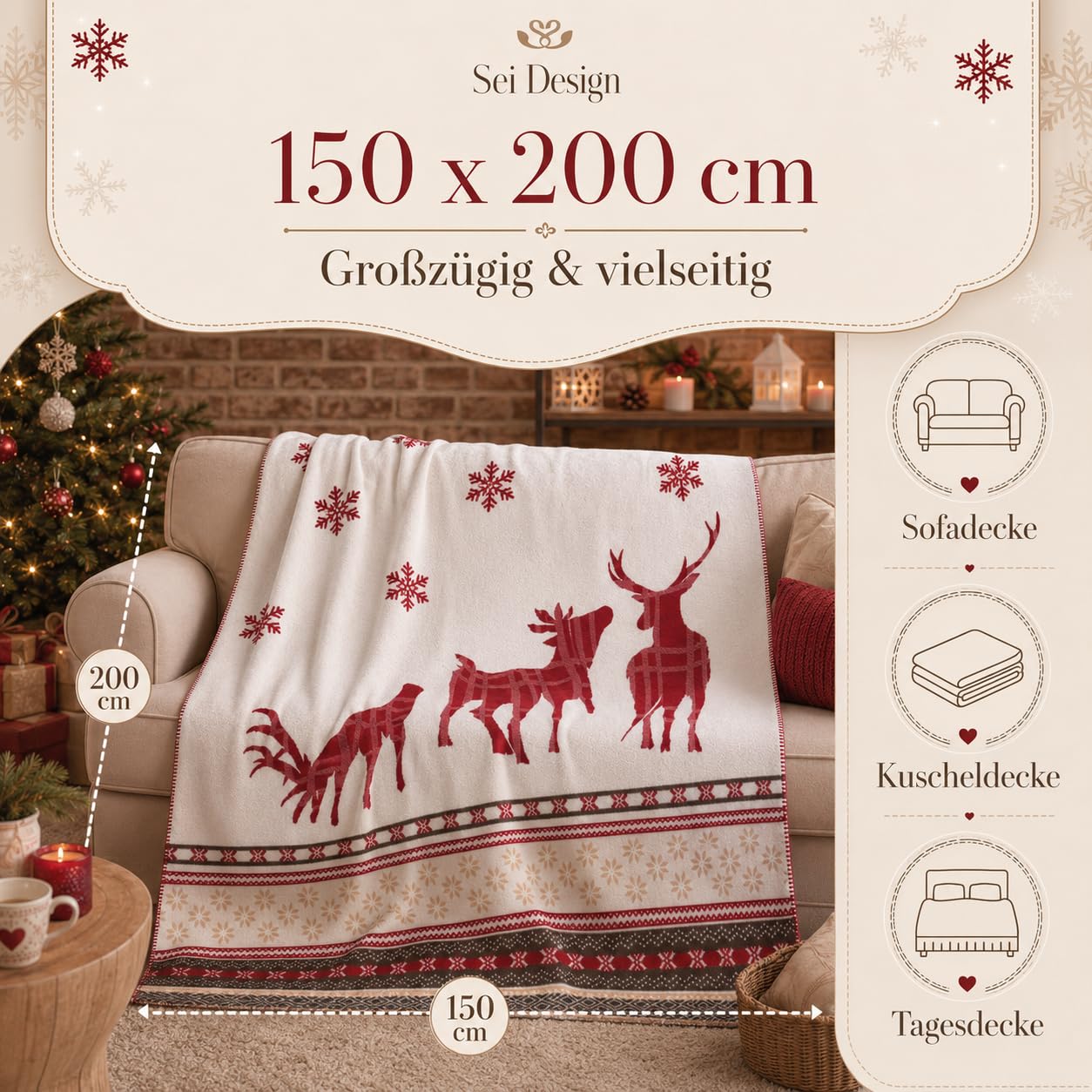 sei Design Weihnachts Kuscheldecke 150x200 Weihnachten Fleece Decke X-Mas Winterdecke Wohndecke Weiche Dicke Decke mit Weihnachtsmotiv als Sofadecke Couchdecke Überwürfe Plaid Weihnachtsdeko
