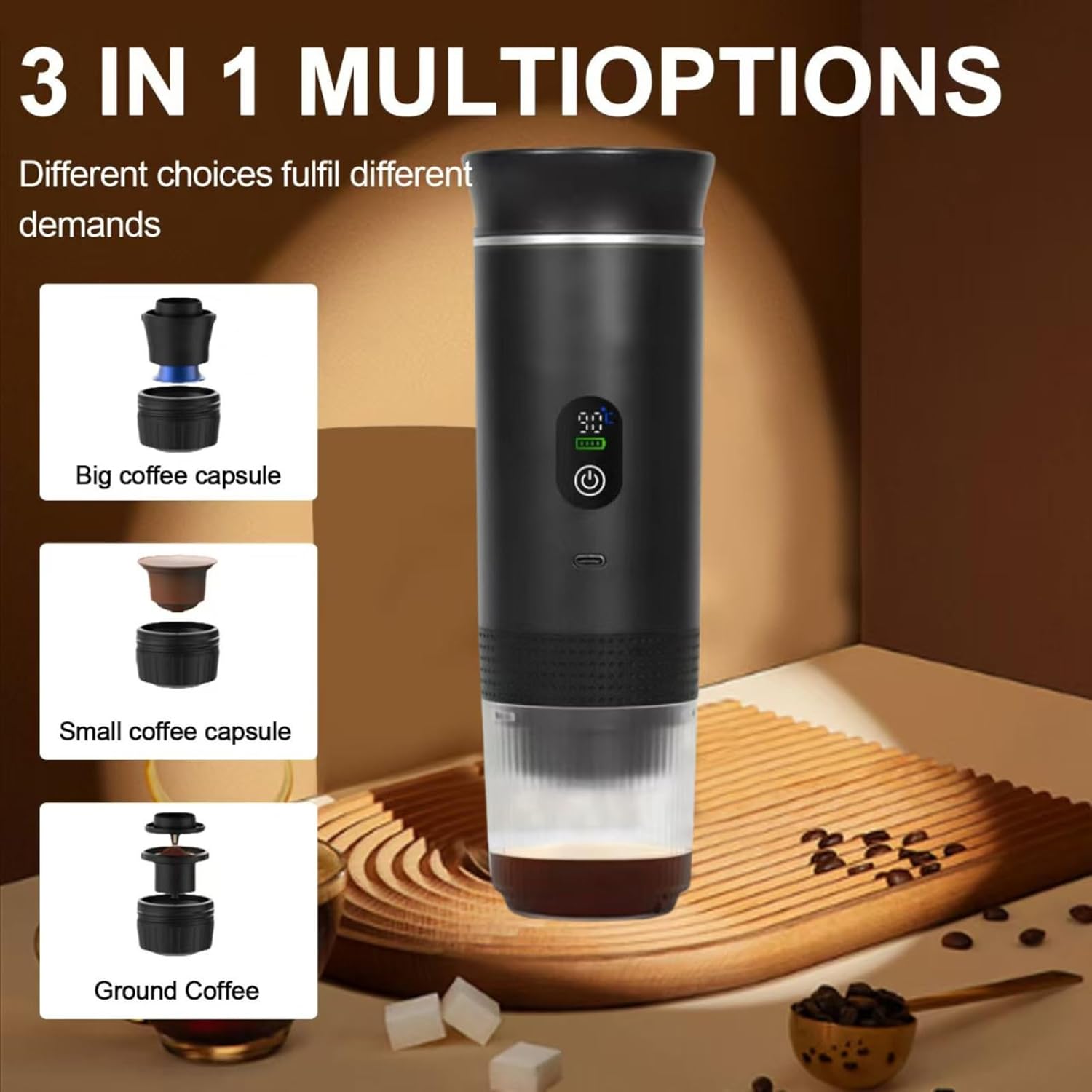 Portable Coffee Maker, 3-in-1 Espresso Machine for Travel 20 bar Mini Coffee Maker Compatible with Ground Coffee & Capsule for Car, RV, Hiking, Camping, Office, Travel Espresso Maker