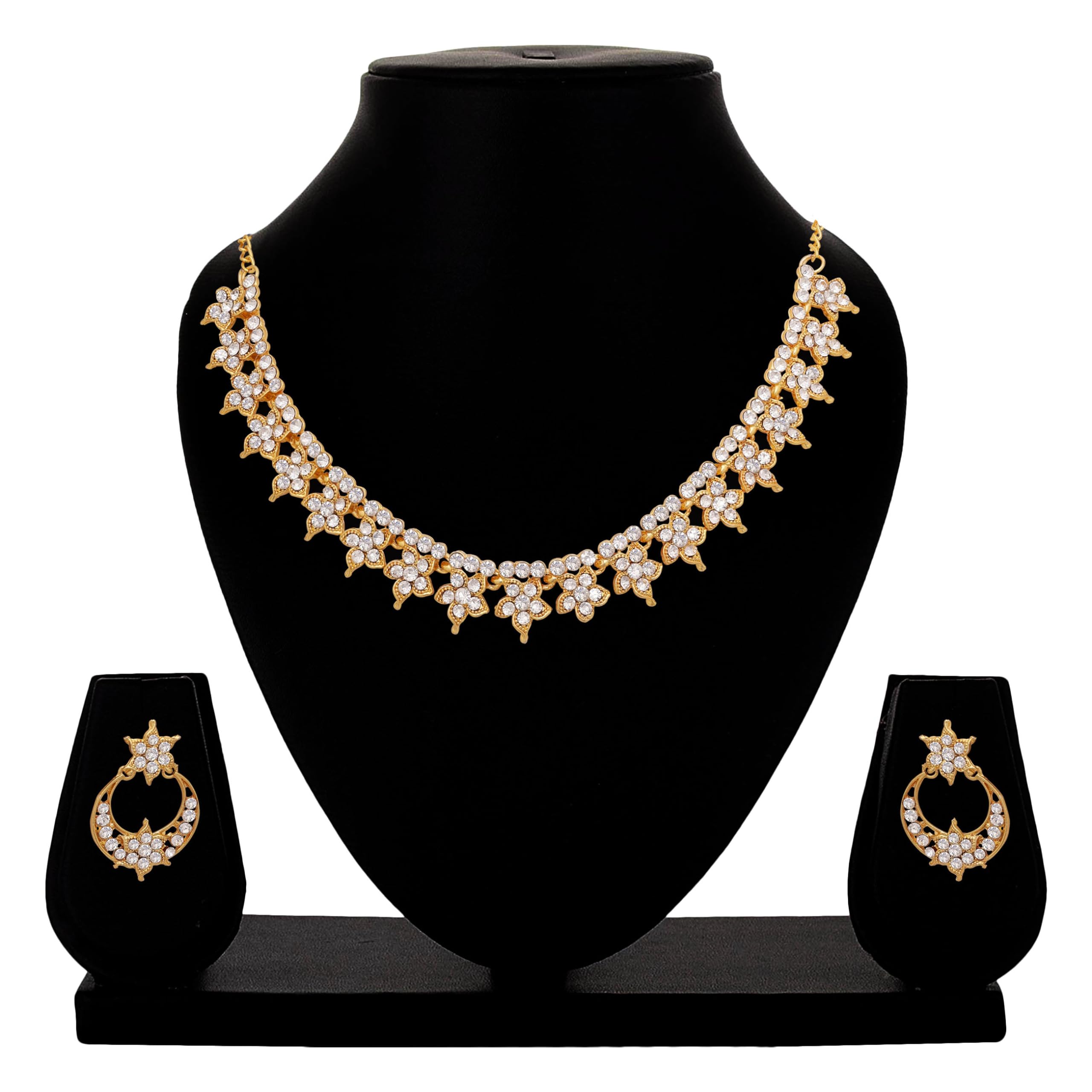 Samyuktha Kwiatowy fantazyjny kamień wysadzany ćwiekami choker naszyjnik zestaw dla kobiet - złoty, metal, bez kamienia szlachetnego, Metal, Bez kamieni szlachetnych