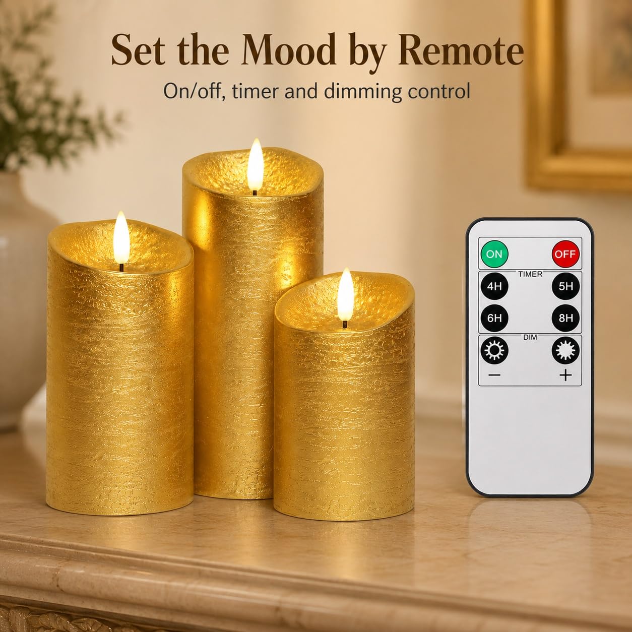 Lot de 3 bougies sans flamme vacillantes avec minuterie, bougies télécommandées, bougies LED à piles pour décoration de Noël Doré