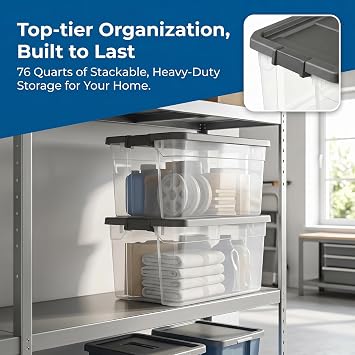 76 Quart Clear Stacker Storage Container with Dark Gray Lid
