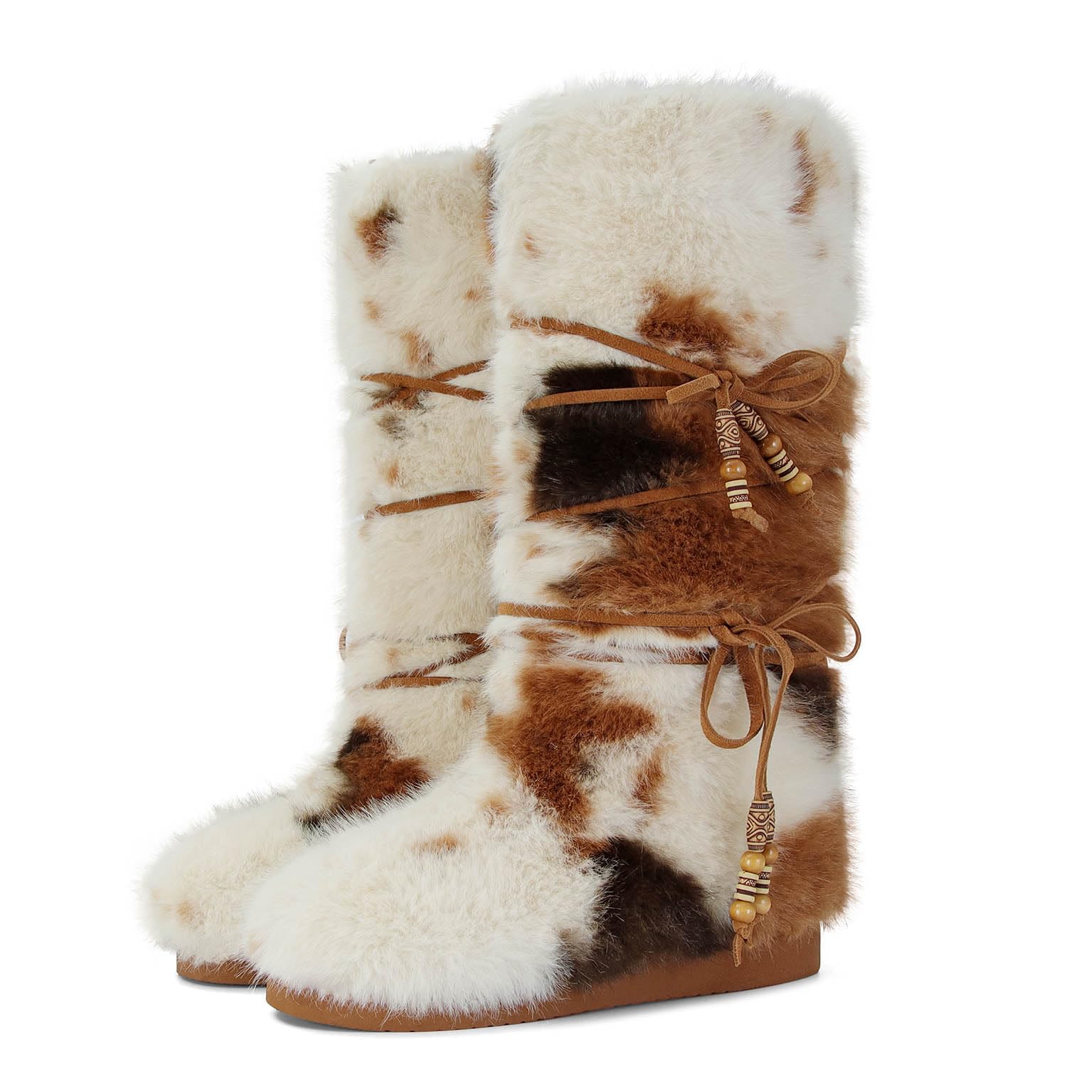 Faux Fur Boots for Women Cow Print Fuzzy Fluffy Furry Boots Winter Snow Boot Cute Comfort Warm Shoes