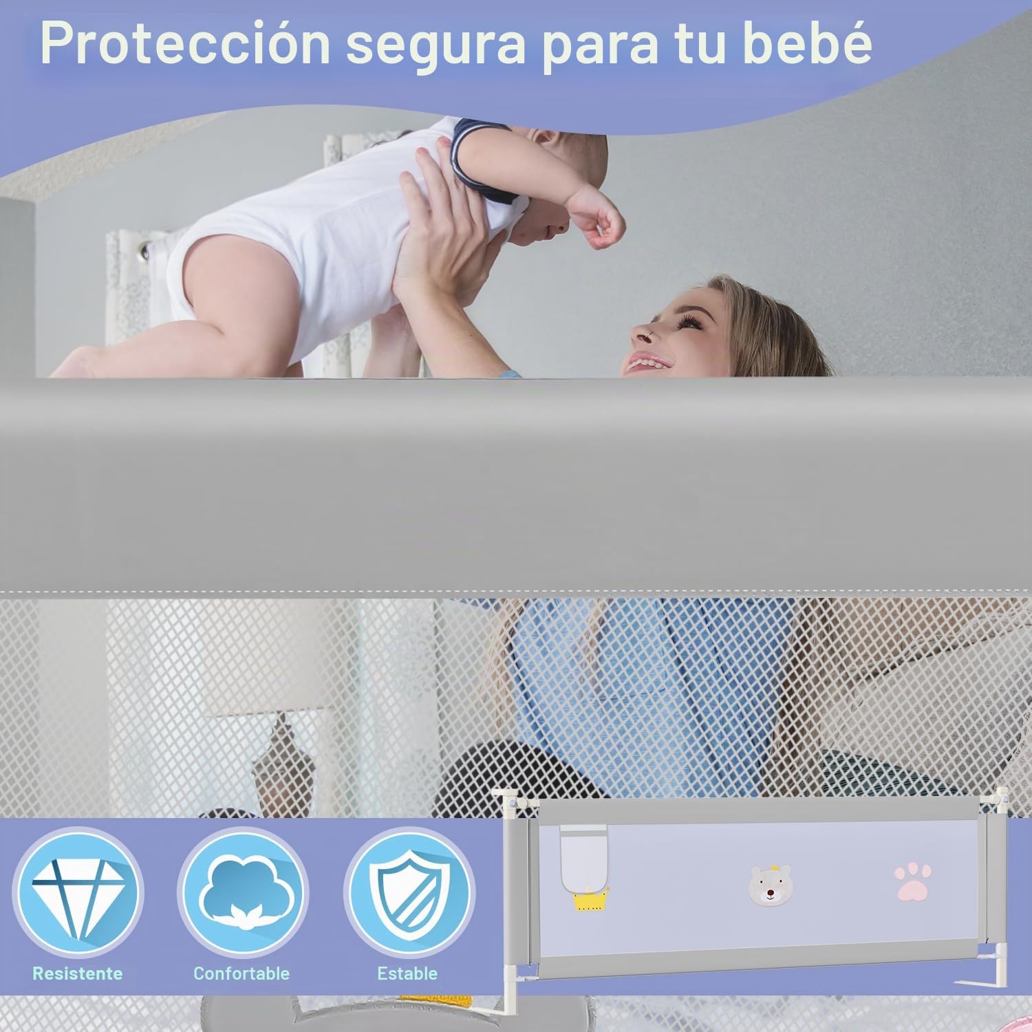 Ikodm Barrera de cama de 150 cm, protección contra caídas, barandilla de cama para niños y camas de matrimonio, altura ajustable de 70-98 cm, estable, gris