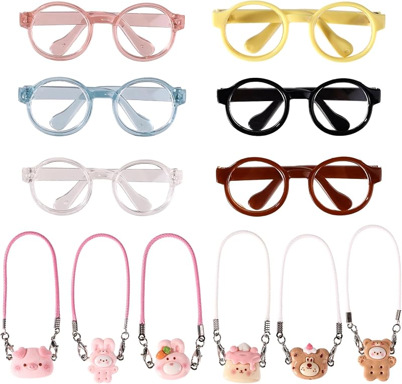 Lyreh 6pcs Mini Doll Glasses with 6pcs Cute Accessories, Multi-Color Tiny Eyeglasses for 17cm/6.69in Dolls Miniature Outfit for Collectors Display & Photography