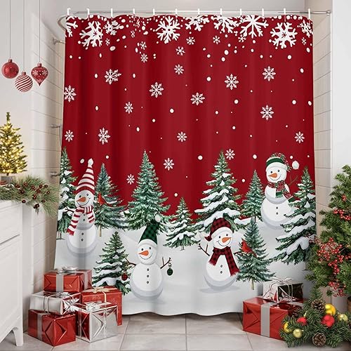 Miniatura 9 de Cortina de ducha de Navidad de muñeco de nieve azul marino, conos de pino de Navidad, cortinas de ducha botánicas para bañobañera, juego de cortina