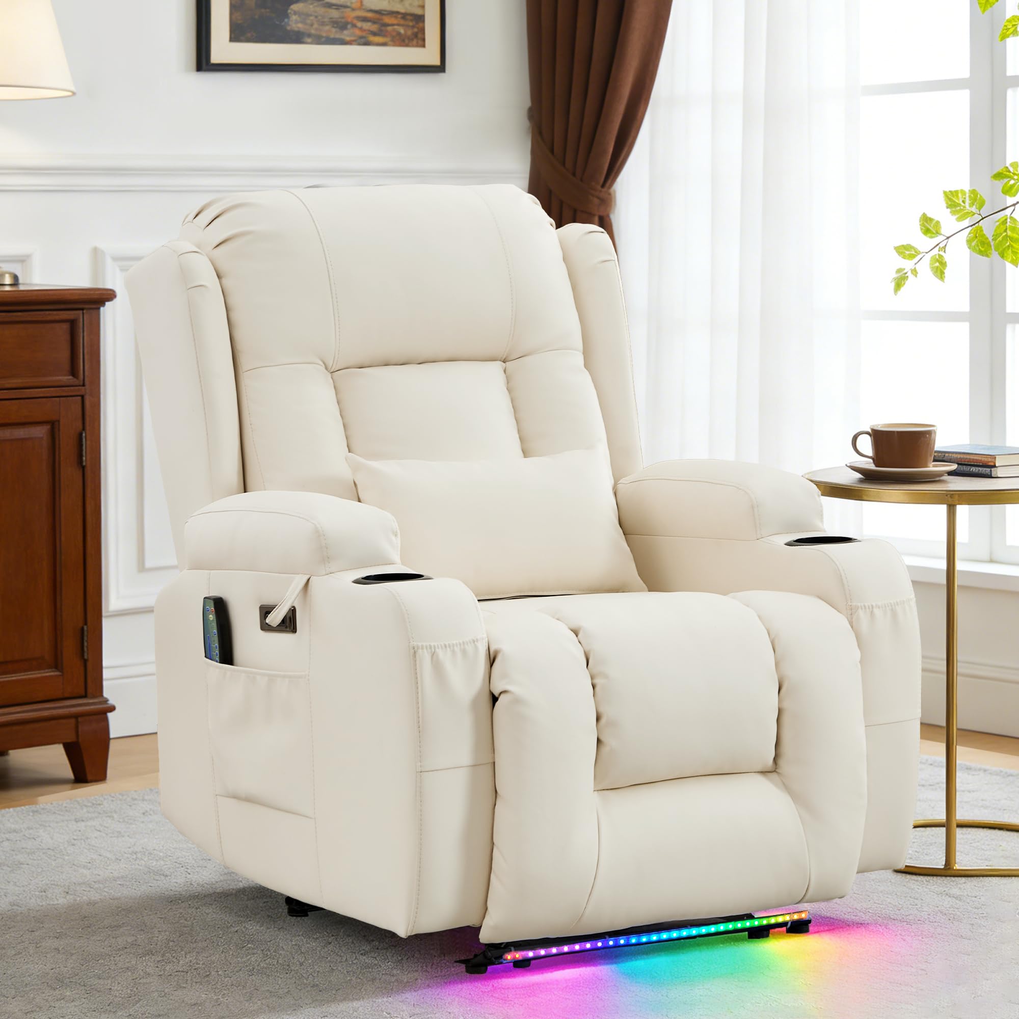 Relaxsessel mit Massage und Heizfunktion, Fernsehsessel Elektrisch Verstellbar, TV Sessel mit USB-Anschlüsse, Getränkehalter, Seitentaschen, Kunstleder (Cremeweiß)