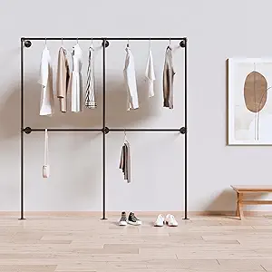 Industrial Pipe Clothing Rack, Heavy Duty Wall Mounted Clothes Rack, Retail Display Hanging Garment Rod for Laundry Rooms, Closet Storage, 14.6x75x82.7 Inches, Model K03