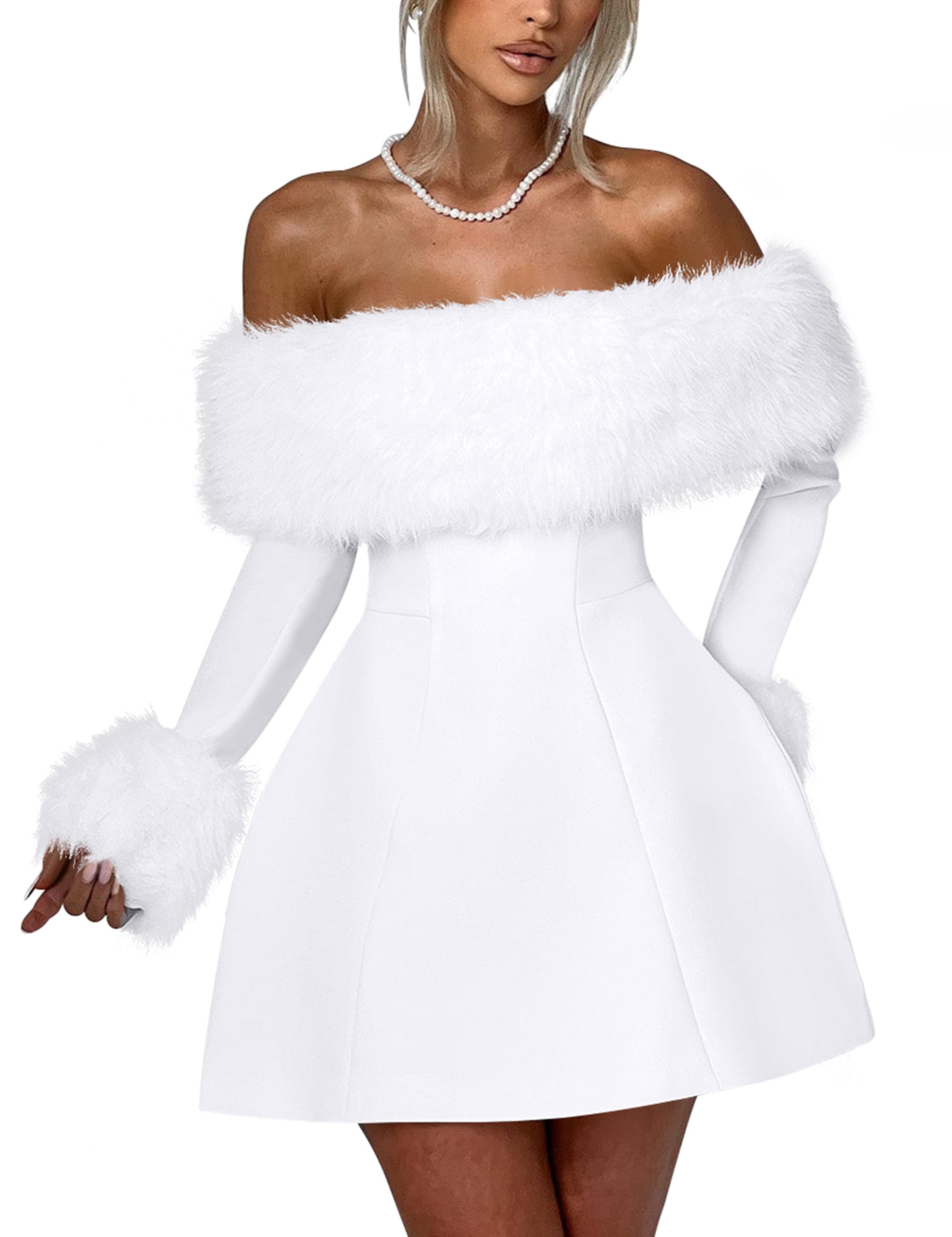 YMDUCH Womens Off Shoulder Long Sleeve Fur Trim A-Line Party Club Mini Dress