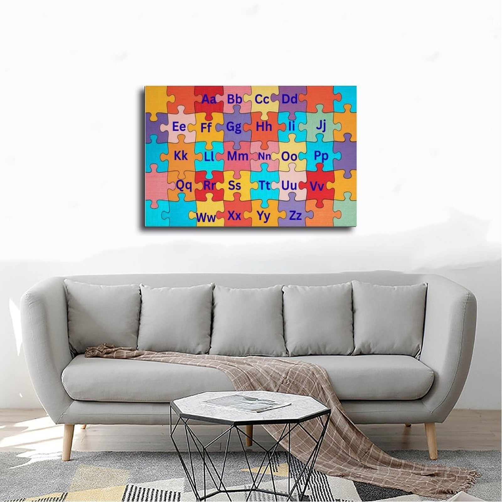 Décoration éducative en forme de lettres de l'alphabet pour enfants dans un puzzle - Poster sur toile - Décoration de chambre à coucher, bureau, chambre - Cadeau - 40 x 60 cm