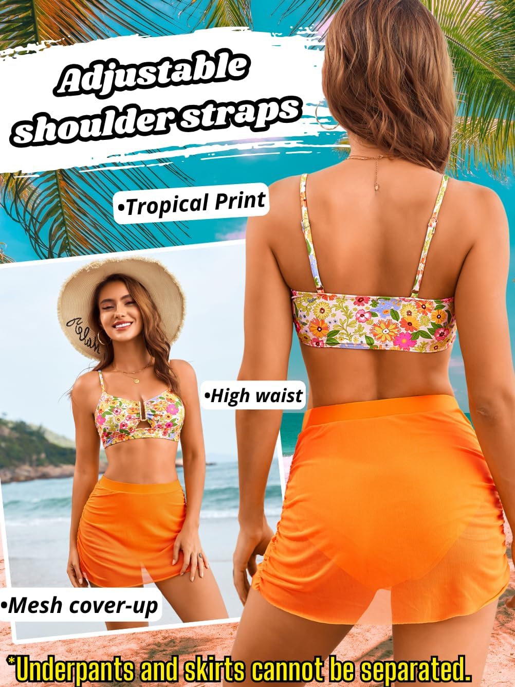 ShawGobow Floral Bikini with Skirt,High Waisted Skirted Swimsuits for Women,2 Piece Modest Bathing Suit Beach Set
