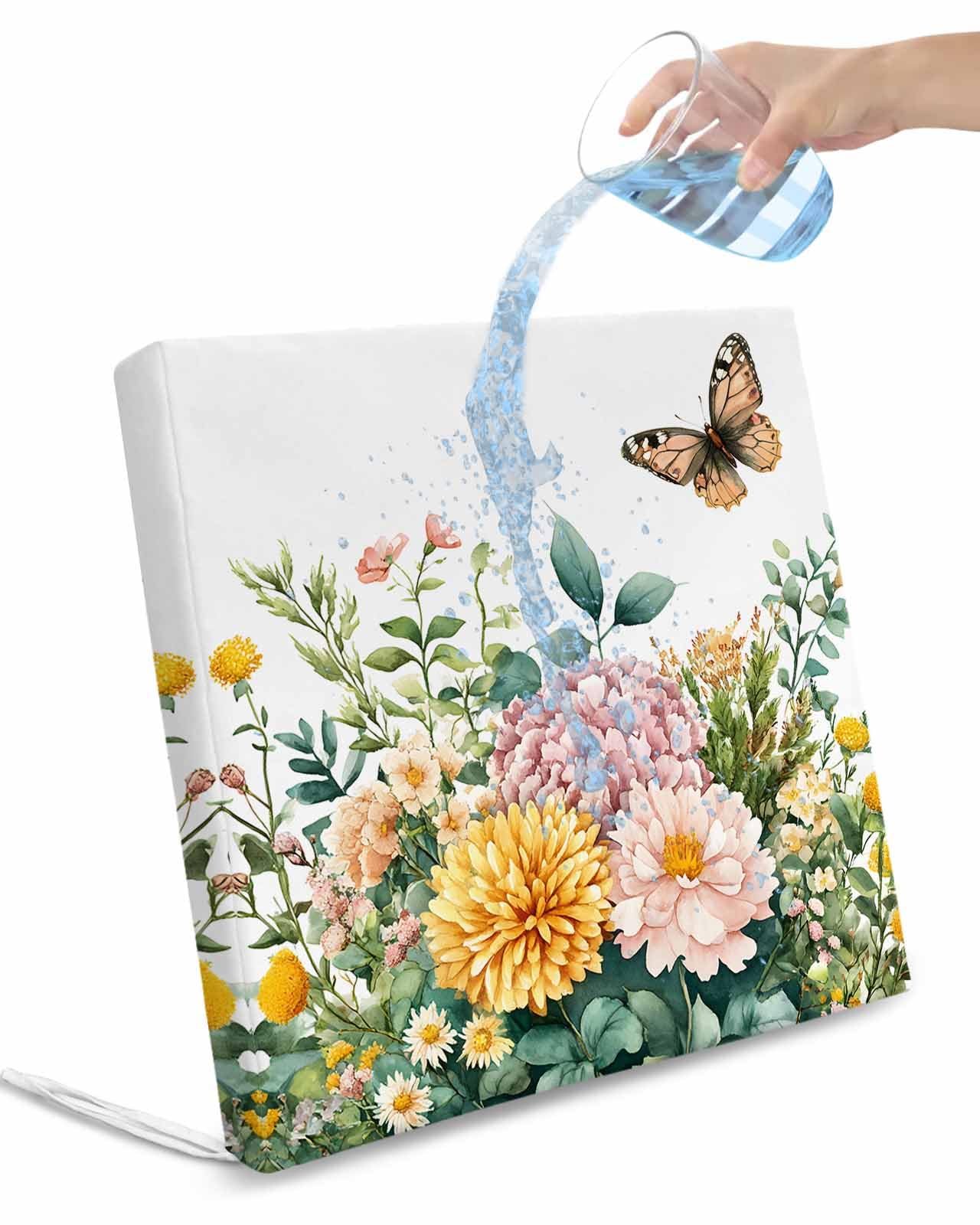 2 Pack Spring Floral Waterproof Cushion Covers with Ties, Outdoor Patio Chaise Lounge Chair Seat Cushion Slip Covers Replacement(Only Cover) Pink Summer Botanical Butterfly Pastoral 22