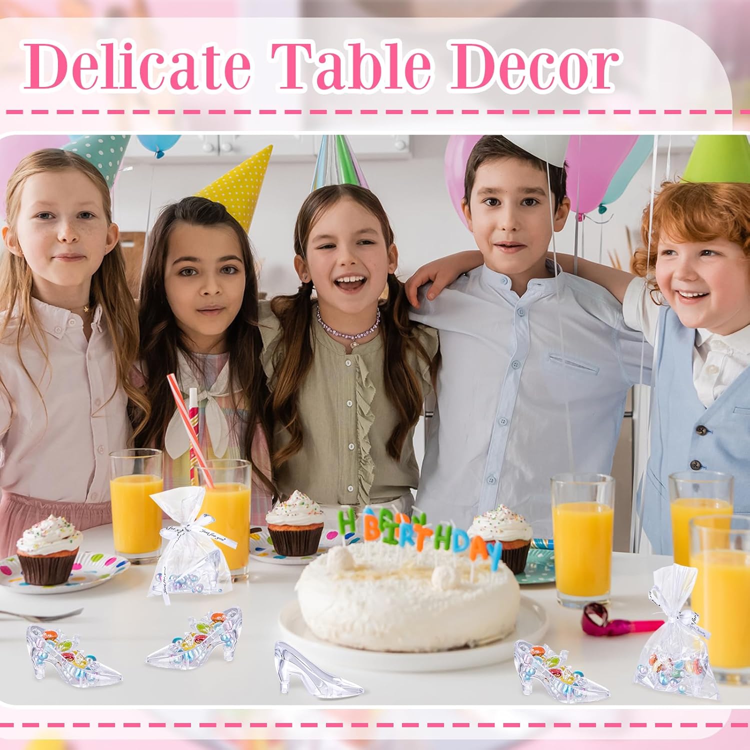 Yaomiao 80 Pcs Mini Crystal Princess Slippers Plastic High Heel Shoe Decoration,100 Clear Pockets with Letter Ribbon, Candy Gift Supplies for Party Wedding Birthday Table Serving Decorations, 3.74''