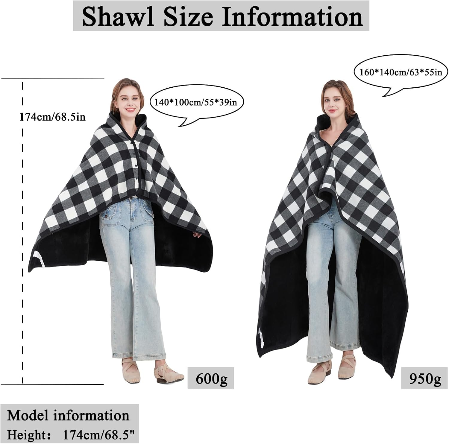 forestfish Fleece Wearable Blanket, Plaid Lap Blanket Comfy Poncho Throw with Buttons for Bed Sofa Office, Black-White - Image 2
