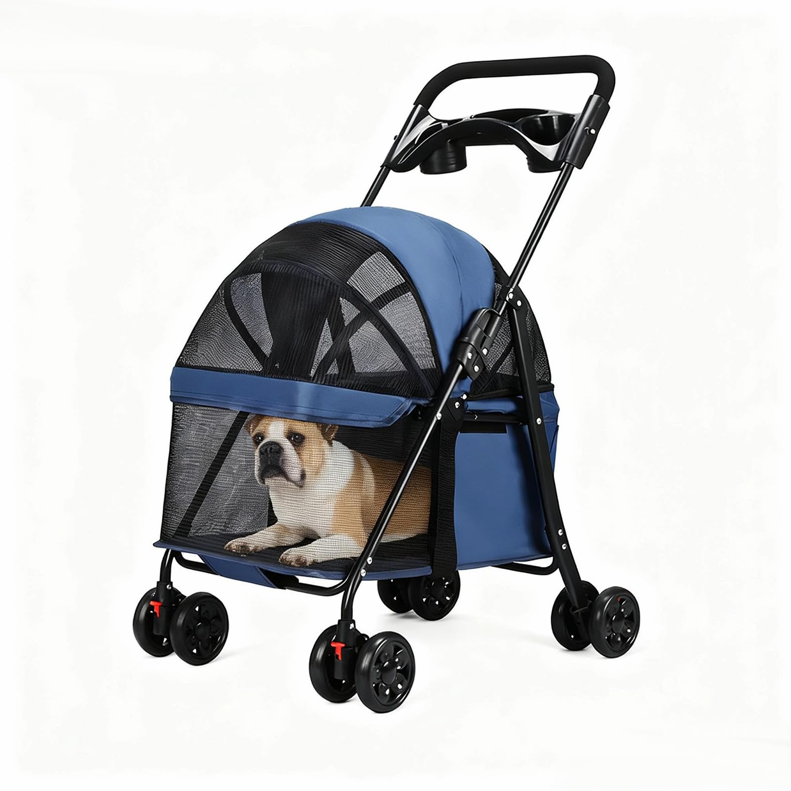 Dog Pram 4 Wheel Pet Stroller for Small to Medium Pets, Foldable Travel Carrier with Cup Holder, Storage Basket, Breathable Mesh Windows and Rear Brake (Navy Blue)