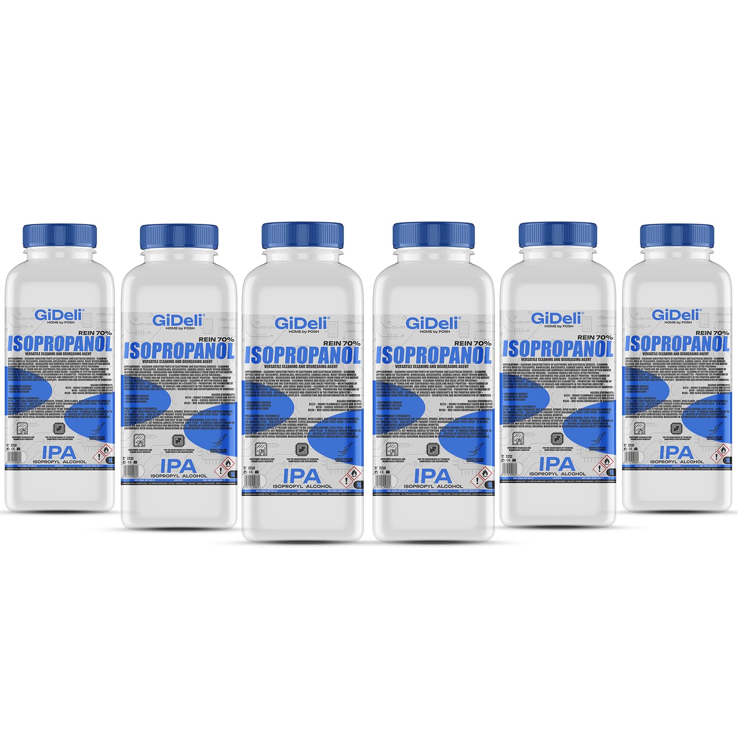 GiDeli Izopropanol 70%, 6 x 1 l, wysokoprocentowy alkohol izopropylowy, IPA, do czyszczenia elementów elektronicznych, soczewek i ekranów