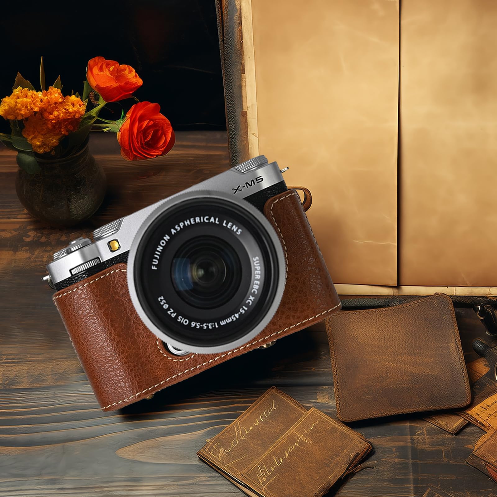 Étui de protection Fujifilm X-M5 sans miroir, demi-coque avec coque avant et bandoulière, bouton pression, café