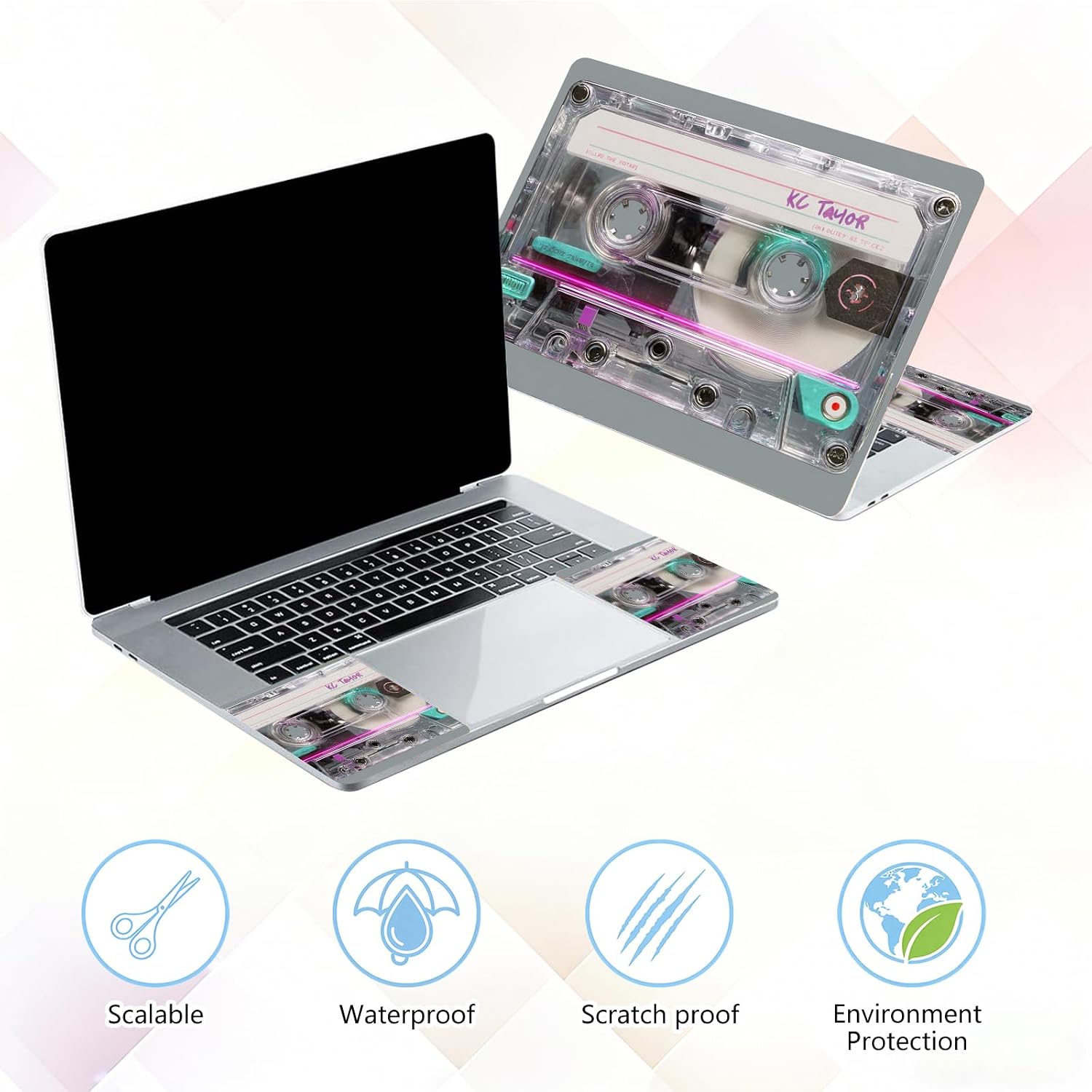Laptop Skin Sticker Decal 15-15.6 Inch with Cute Mouse Pad, Universal Reusable Vinyl Sticker for 12.1 13 13.3 14 15.4 Inch Netbook and Notebook PC, Vintage Cassette Tape