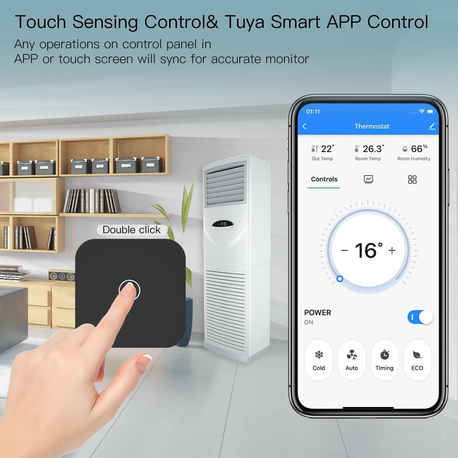 Inteligentny termostat, Termostat Sterownik prądu przemiennego, przycisk dotykowy Inteligentne życie Aplikacja Tuya Bezprzewodowy czujnik temperatury i wilgotności Głos(2PCS Remote sensor)