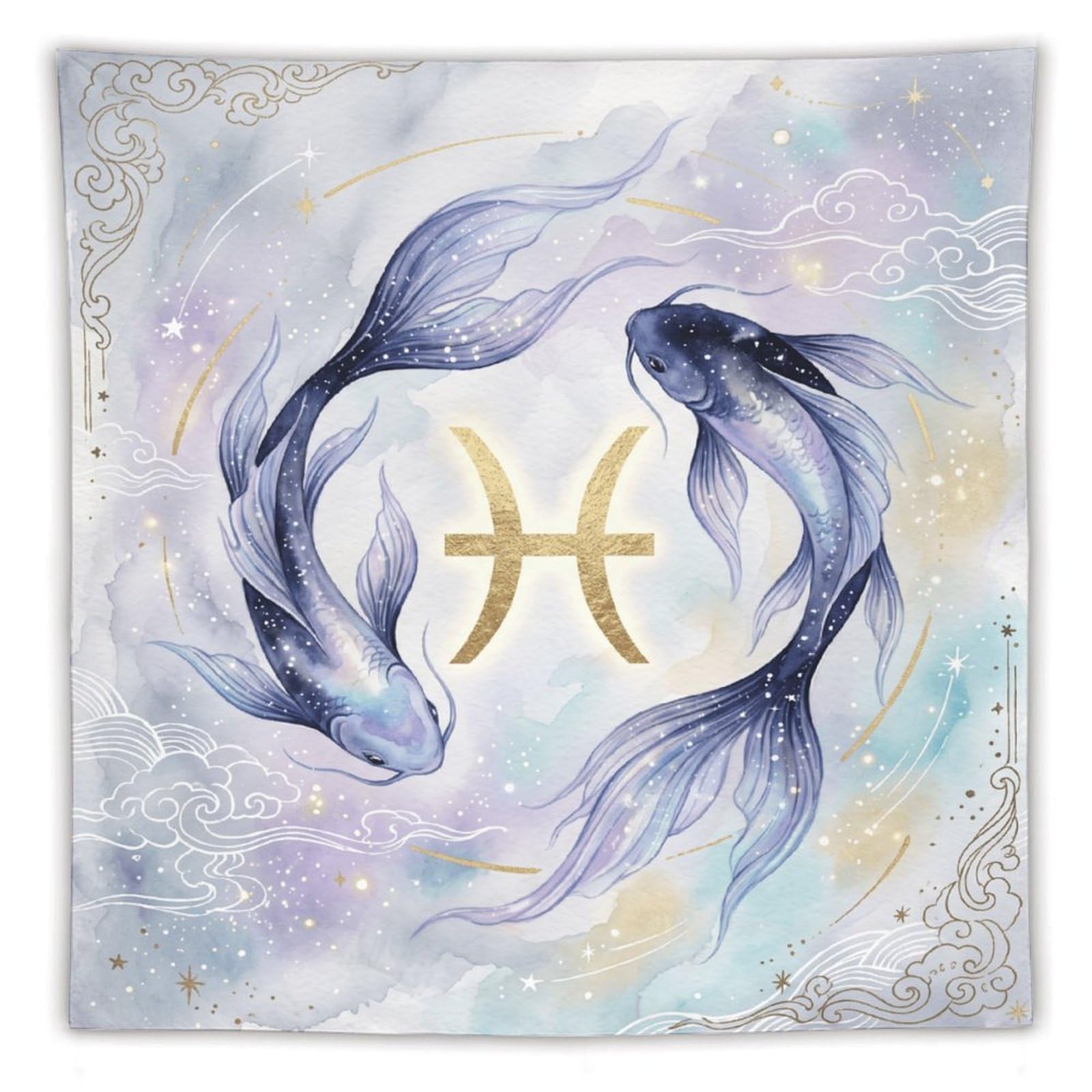 H3B8U2Y5 Pisces Koi Celestial Wall Tapestry, Ukiyo-e Style, Zen Water