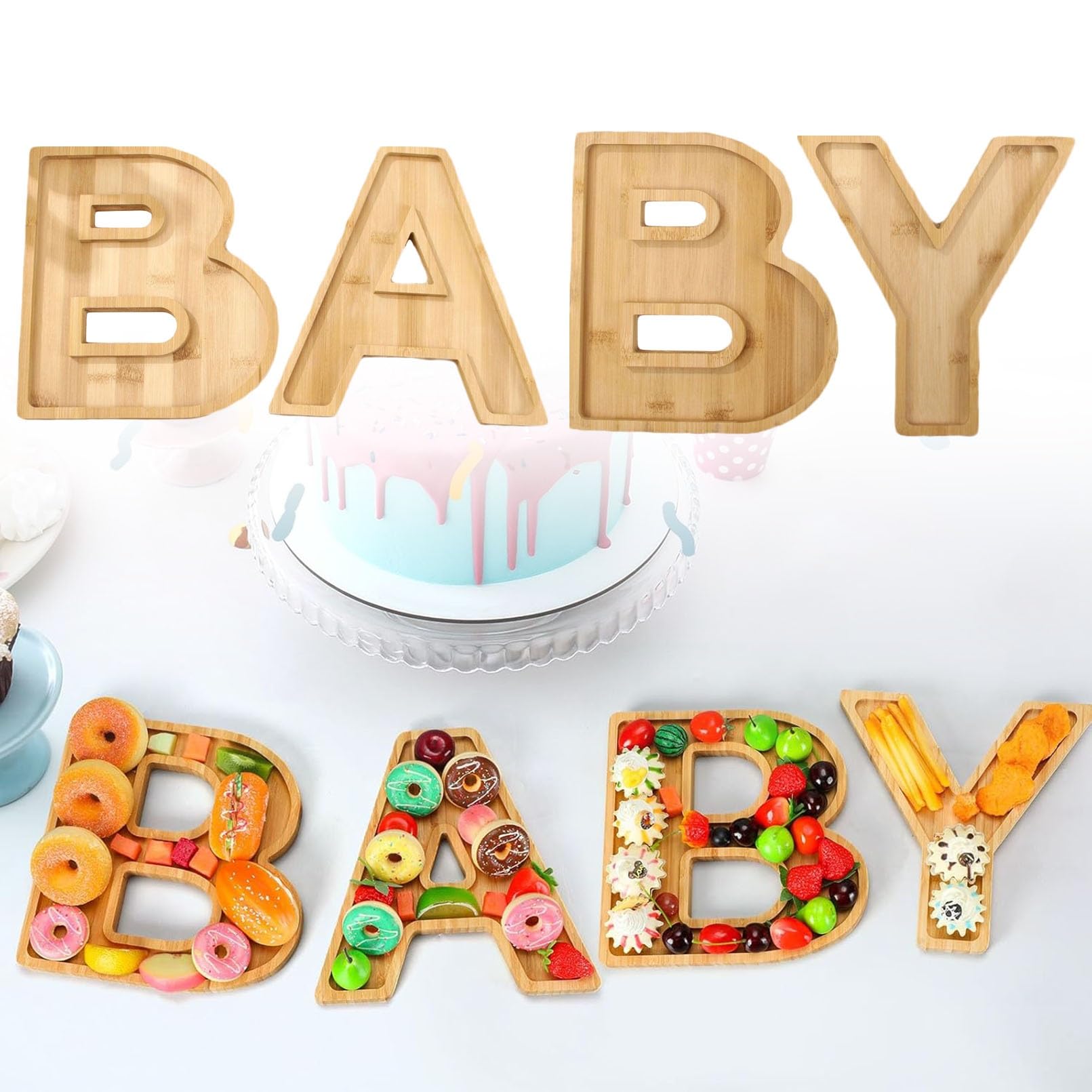 BiiKoon Baby Shower Decoration Wooden Charcuterie BABY Shaped Letter Serving Tray Board Dish Decorative Platter For Snack Food Cake Cookies(23 * 23cm)