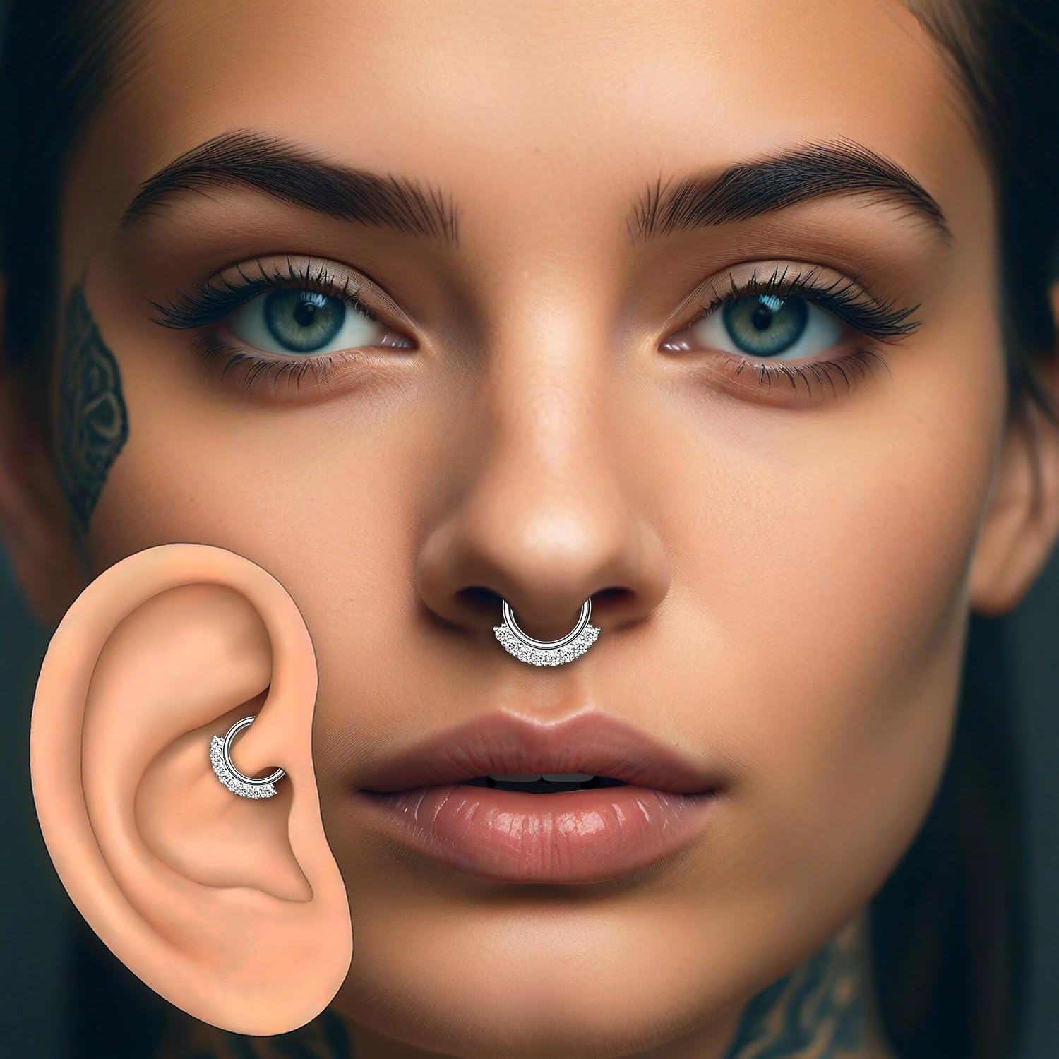 Sterling Silver Clicker Ring with Eight Zirconia Bezel Set, Septum Hoop Nose Ring Daith Hoop Piercing Jewelry Nose Piercing