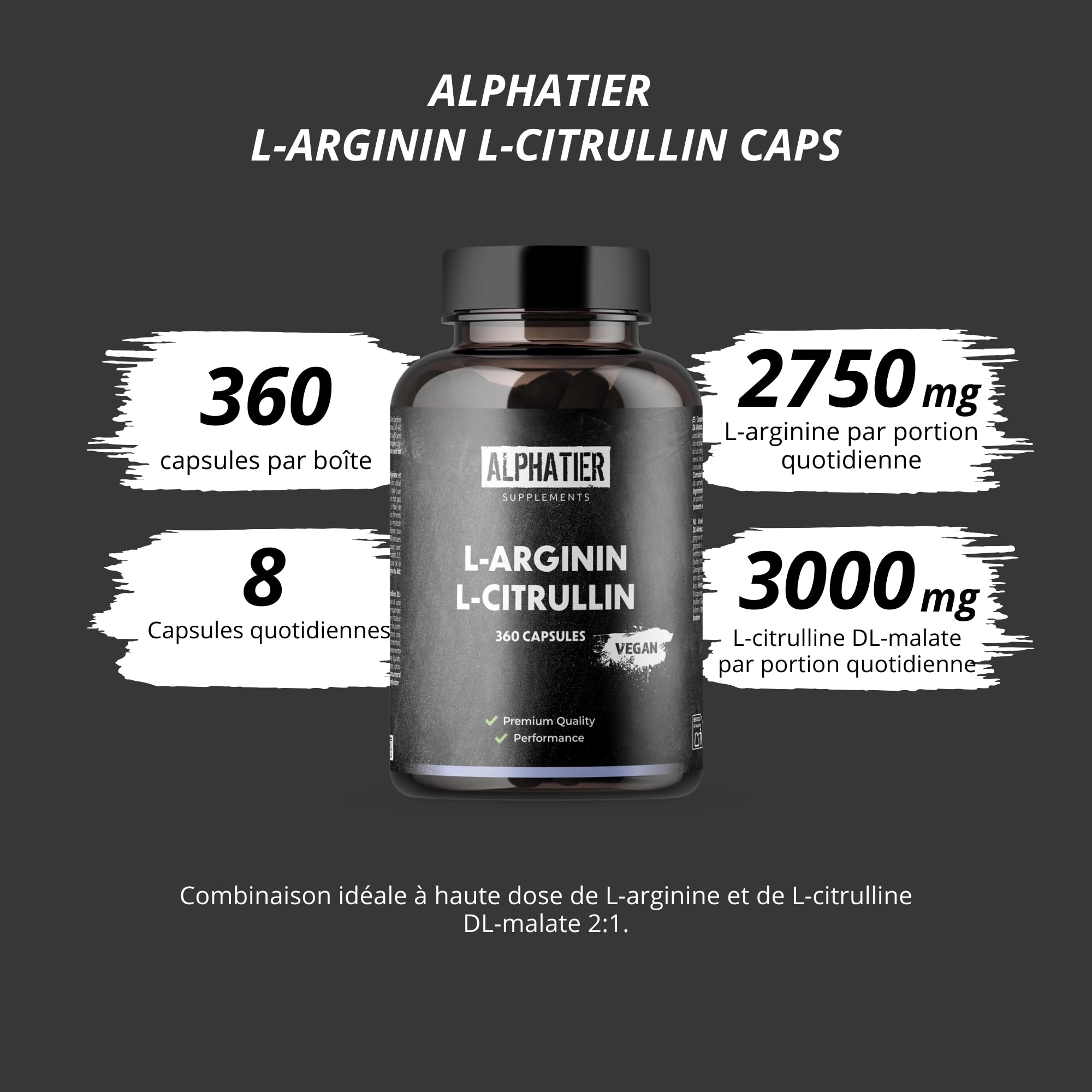 Alphatier L-Arginine L-Citrulline Capsules hautement dosées - 360 gélules végétaliennes - 3000 mg de malate de citrulline DL 2:1 + base d'arginine par portion - Qualité supérieure