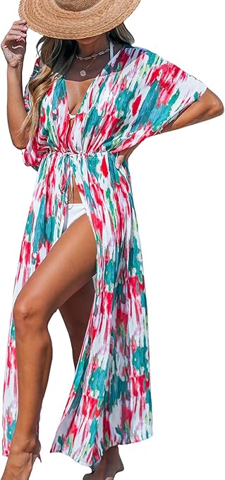 CUPSHE Kimono Swimsuit Coverup for Women Open Front Striped Maxi Cardigan Beach Cover Up