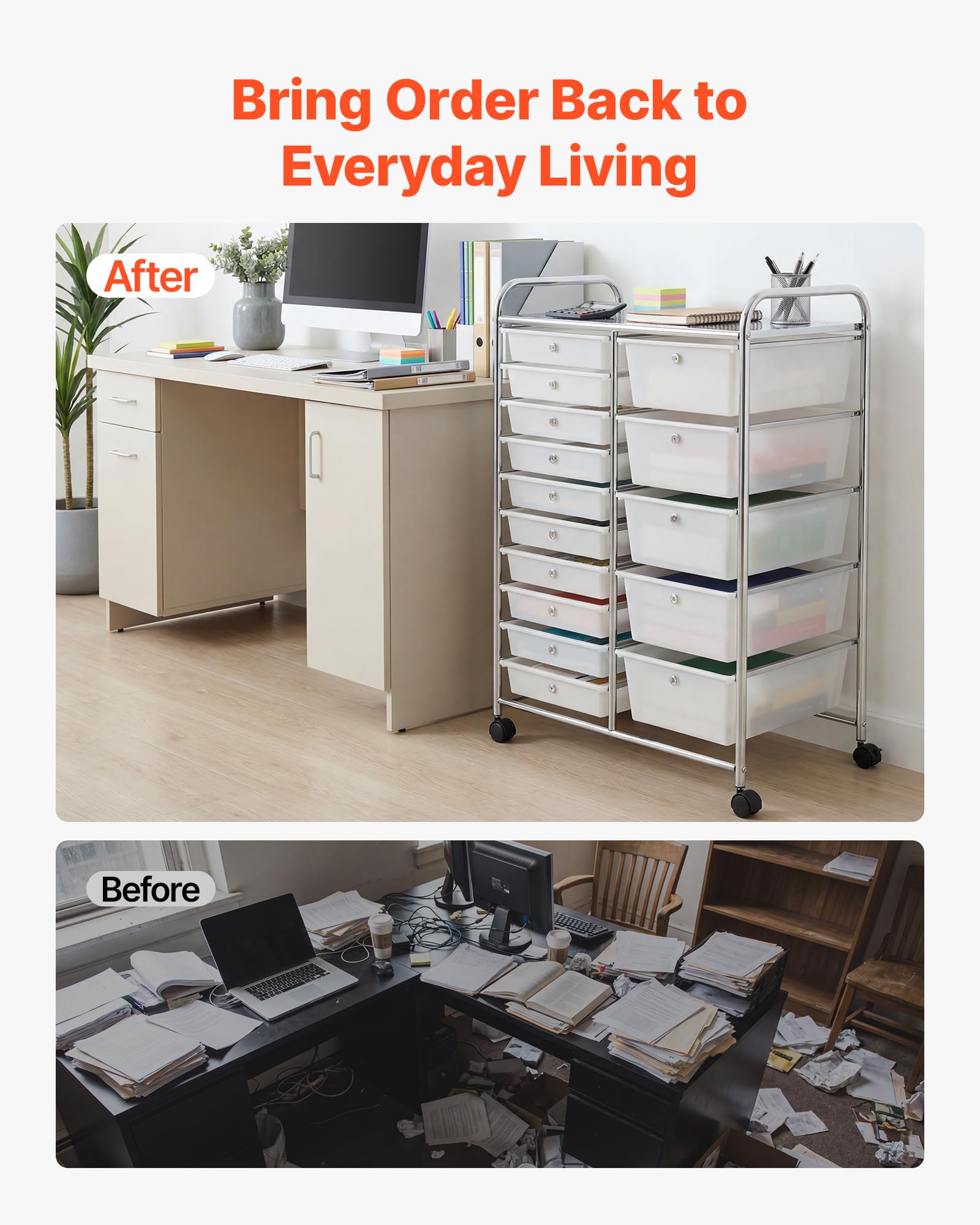VEVOR Carrello Multiuso con Cassetti Organizer a Doppia Fila con 15Cassetti, Carrello Portaoggetti, Telaio in Acciaio Cromato, Ruote Girevoli a 360° con 2 Freni, Ideale per Ufficio, Garage e Studio