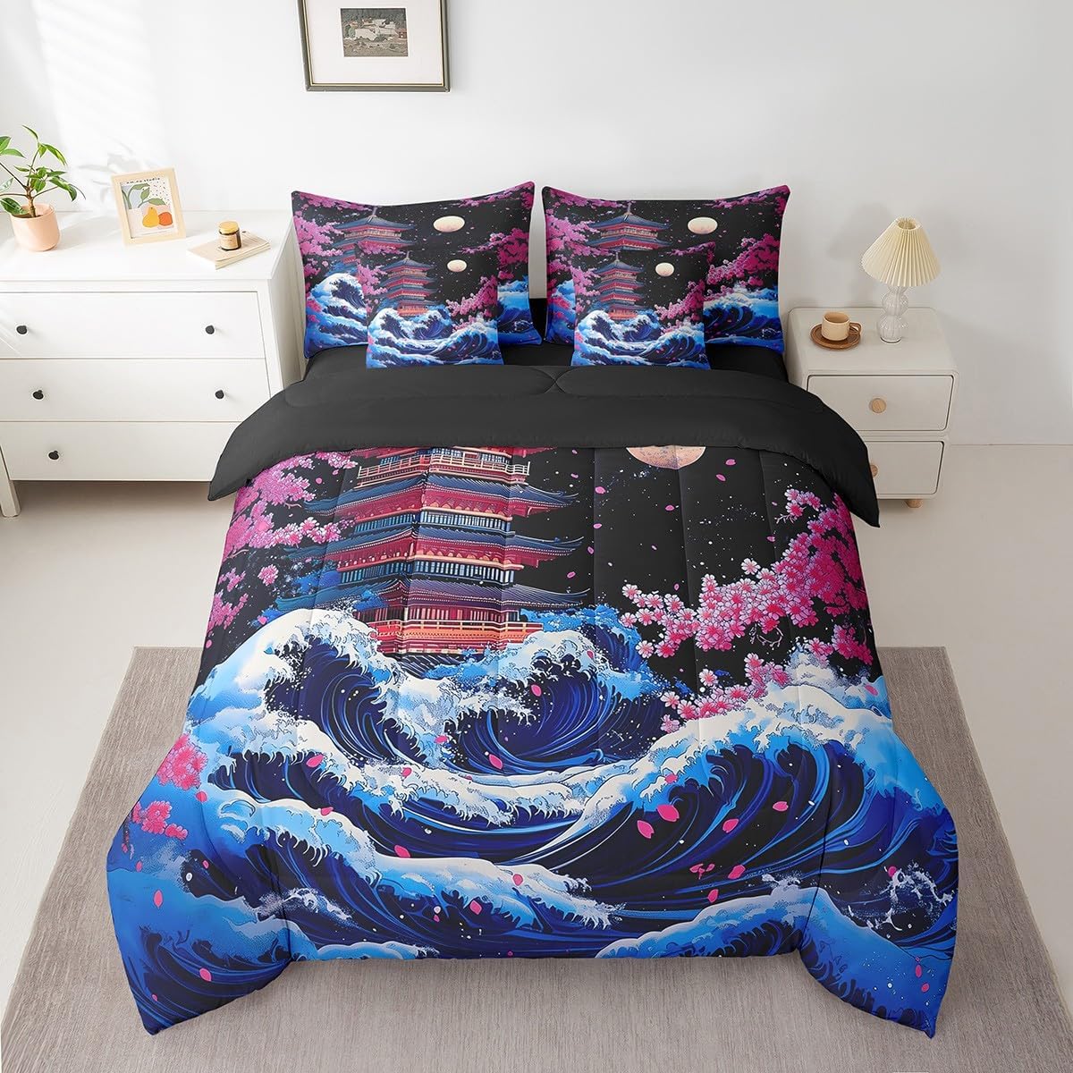 Erosebridal Japanese Ocean Waves Full Bedding Set 7 Piece,Pink Cherry Blossom Bed Set for Kids Girls Women,Aesthetic Oriental Comforter Set with Fitted+Flat Sheet,Pillowcases,Throw Pillow Covers