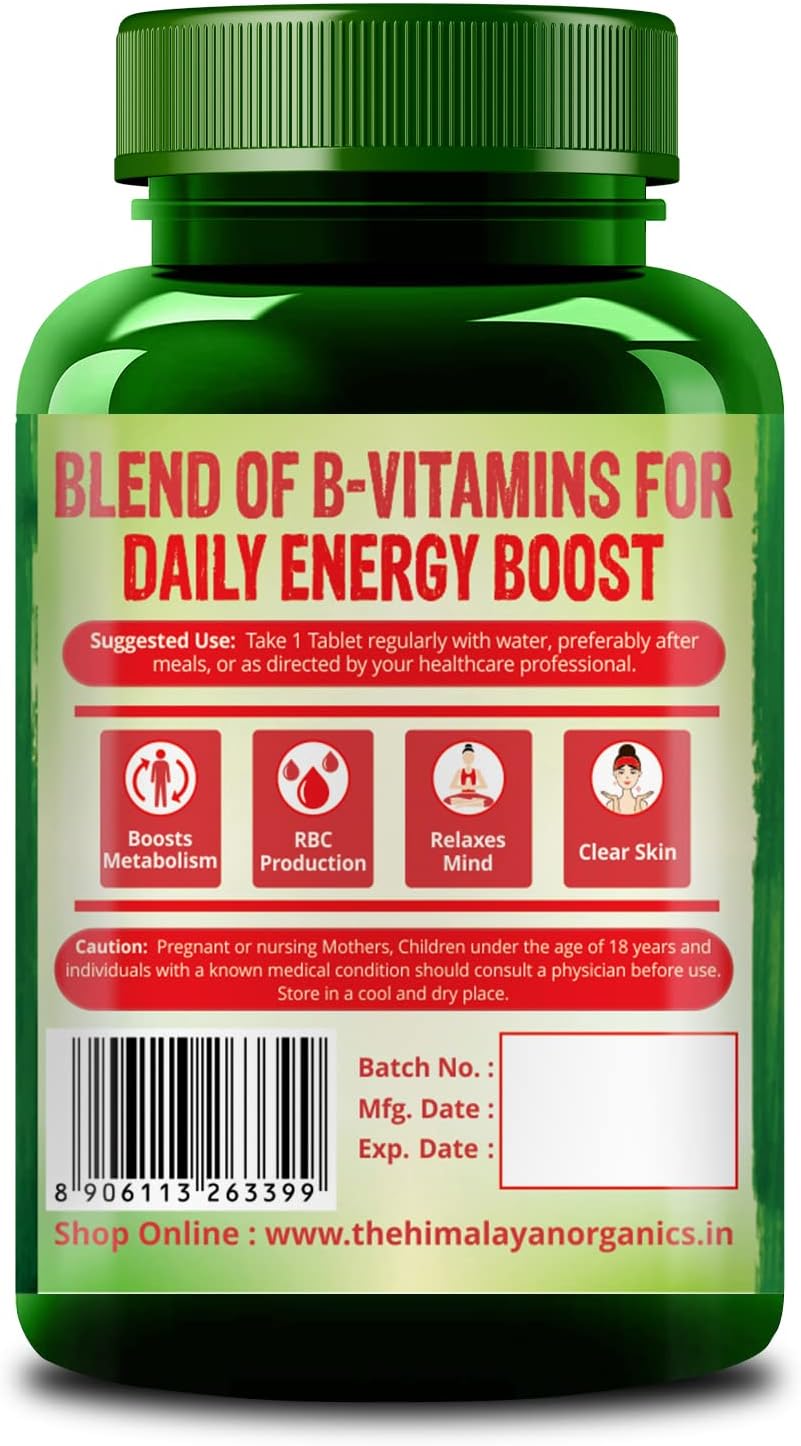 Himalayan Organics Vitamin B Complex with 100% RDA B1, B2, B3, B5, B6, B9 & B12 | 120 Veg Tablets