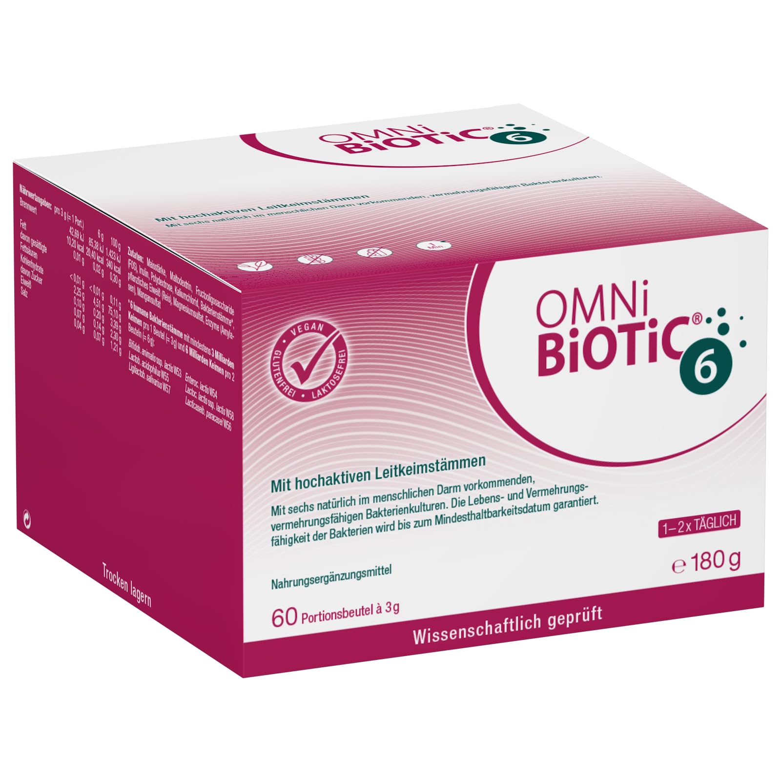 OMNi BiOTiC 6 | Der tägliche Begleiter für ein gutes "Bauchgefühl" | Für jeden Tag und jedes Alter geeignet | 60 Sachets | 6 Bakterienstämme | Pulver | Mit Inulin | Vegan | Glutenfrei