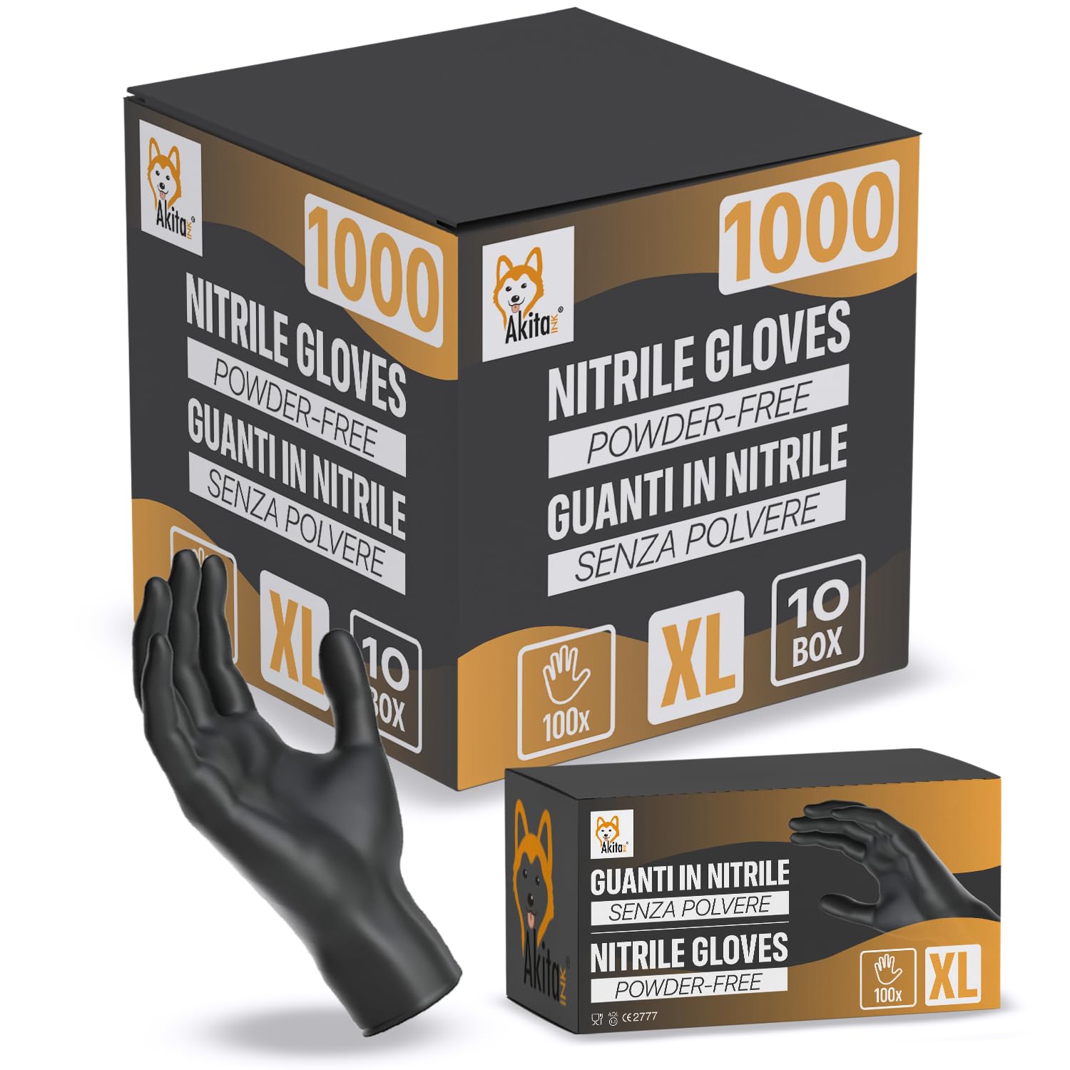 Akitaink Guanti in Nitrile Neri senza polvere, senza lattice - Ipoallergenici, Resistenti, Ideali per Ambiti Medici e Alimentari per Estetisti, Tatuatori, Ambiti Medici, guanti per alimenti (1000, XL)