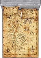 Vista 1 de Ambesonne Island Map - Juego de sábanas bajeras y fundas de almohada, mapa del tesoro súper detallado, diseño de piratas rústicos grungy, tema