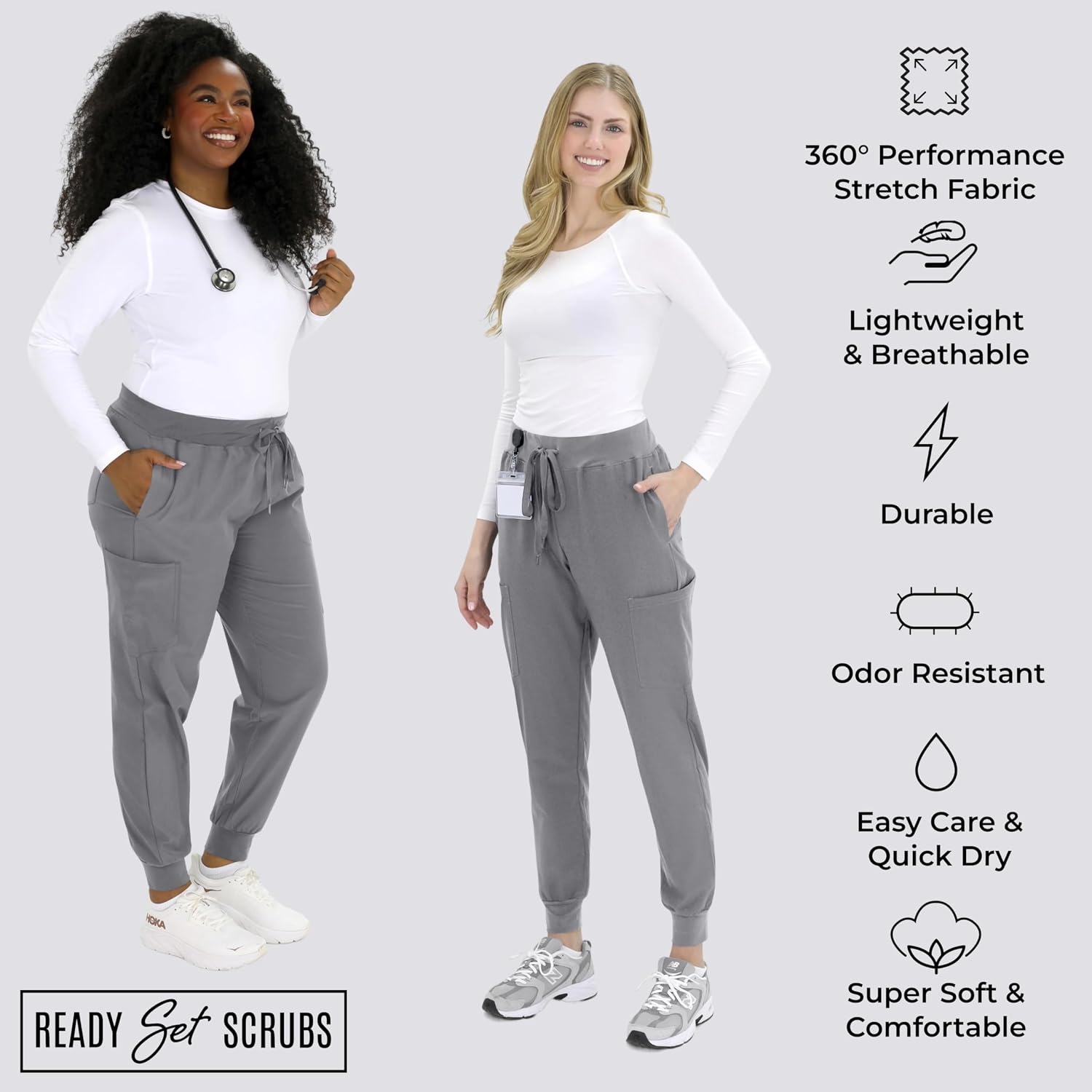 READY SET SCRUBS - Scrub Pants for Women - 2 Pack - Cargo Jogger Pants Set with 8 Pockets - Yoga Waistband - Soft & Stretchy
