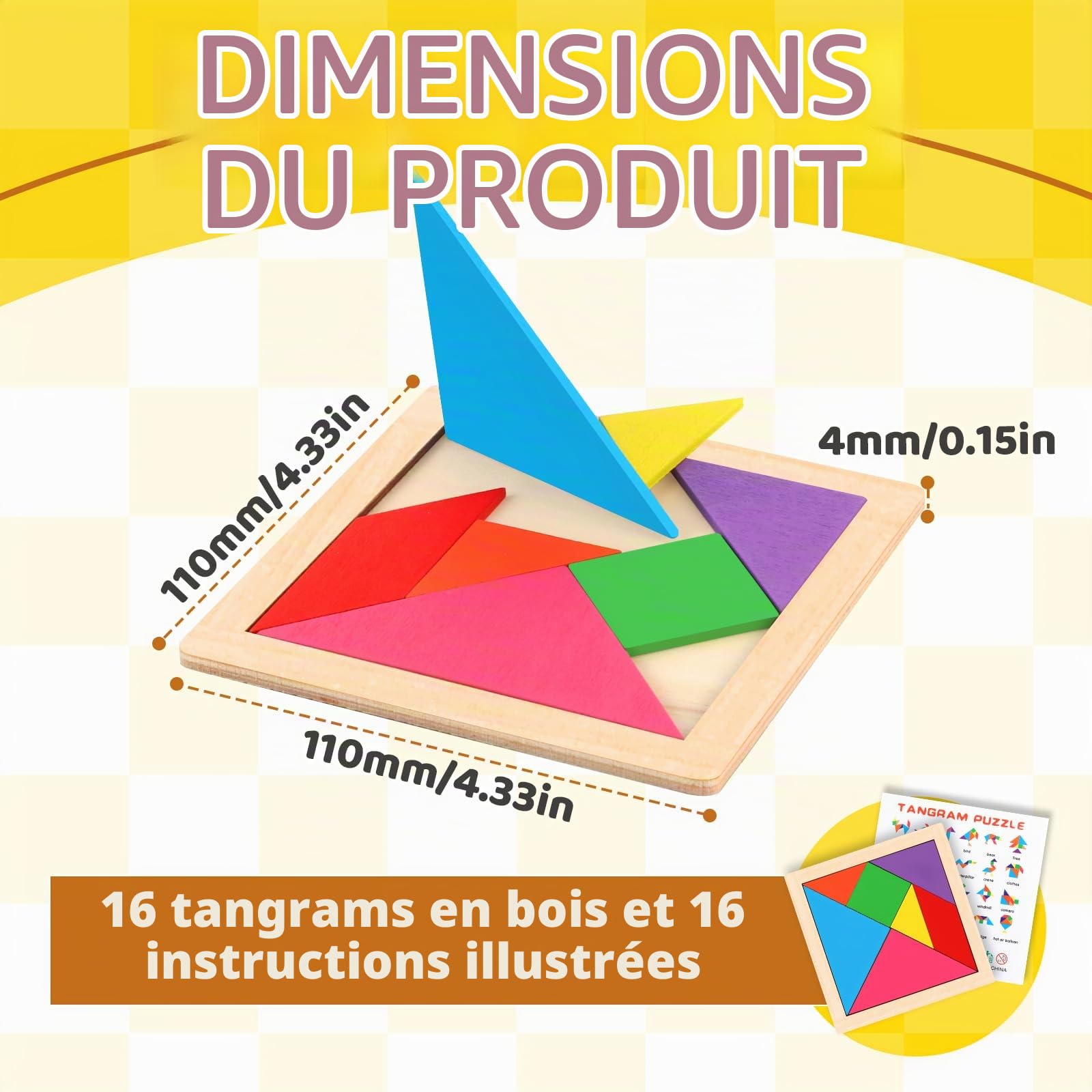 16 Pièces Puzzles en Bois Tangram | Puzzle Tangram en Bois pour Enfants, Tangrams Éducatifs Amusants, Jeux d'apprentissage