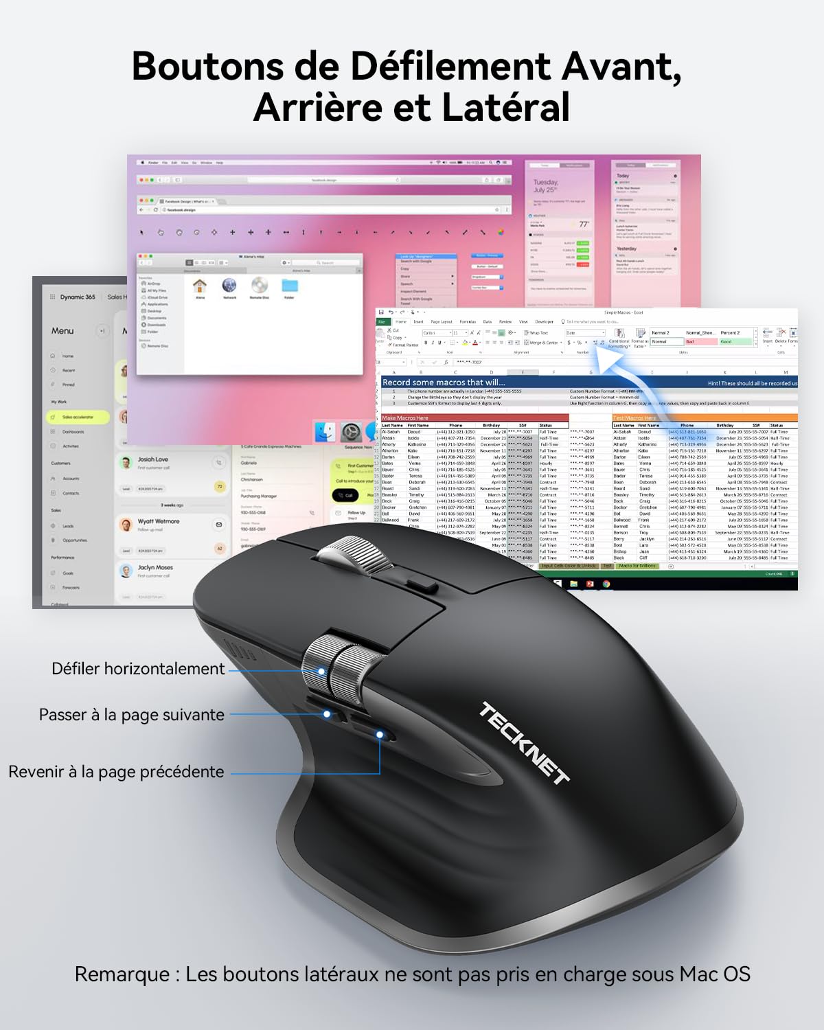 TECKNET Souris Bluetooth, Souris sans Fil Ergonomique avec 3 Modes (BT5.0/5.0+2.4G), Rechargeable, 4800 DPI Réglable avec Molette Latérale Souris Silencieuse pour Ordinateurs, Mac, PC, Windows, Noir