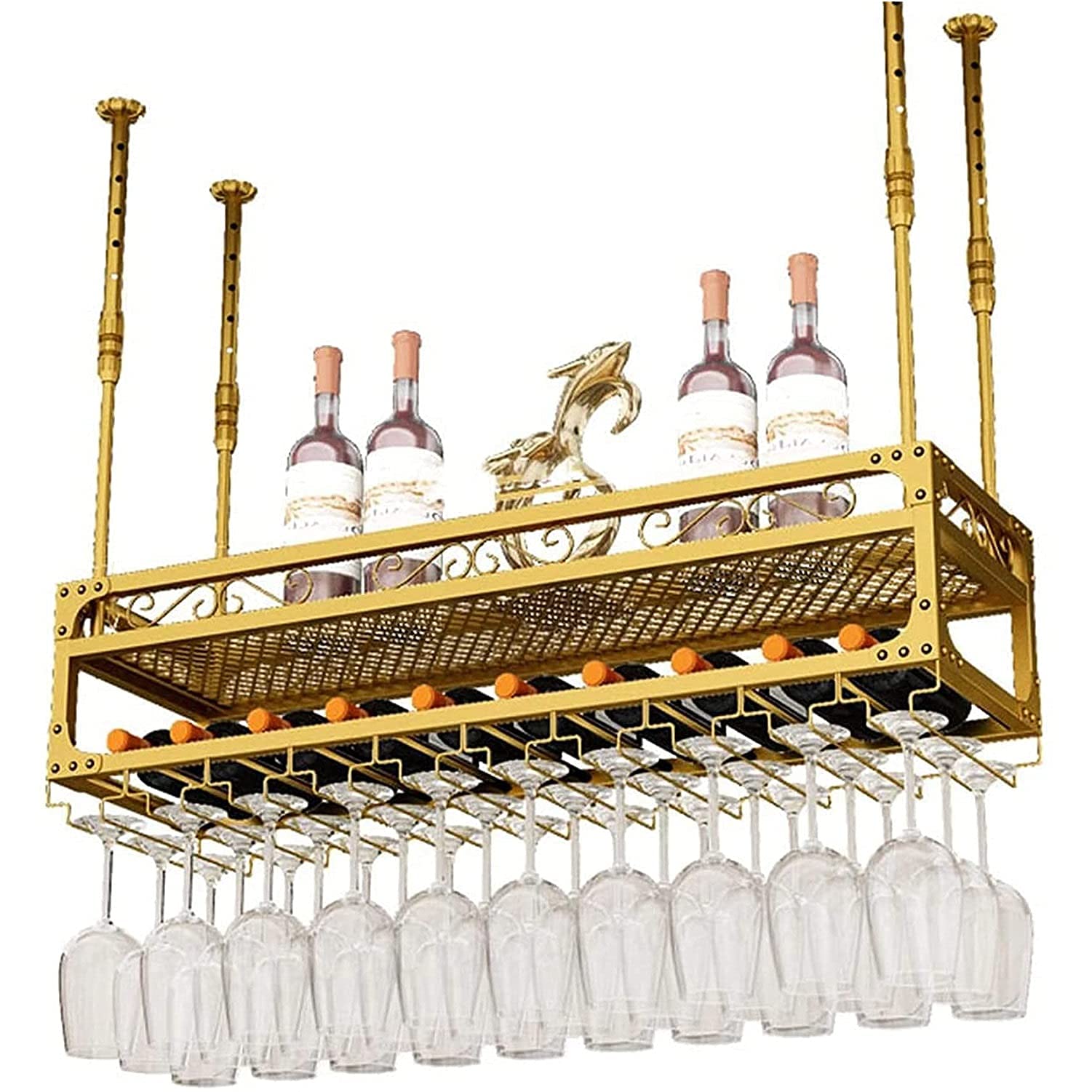 Étagère à vin porte-bouteilles suspendu en fer avec porte-verres de plafond mural