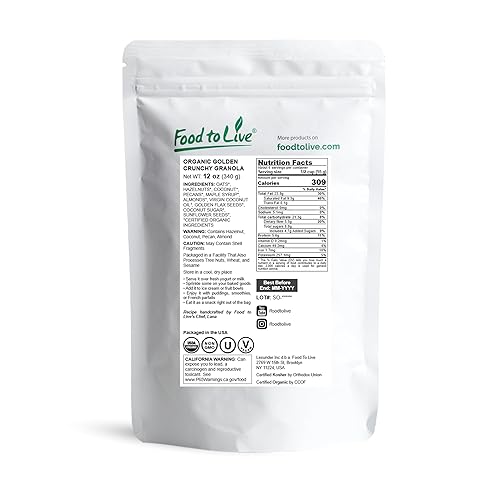 Miniatura 2 de Food to Live Granola crujiente dorada orgánica, 12 onzas, lote pequeño, hecha a mano, a granel, ideal como aperitivo para cereales de desayuno