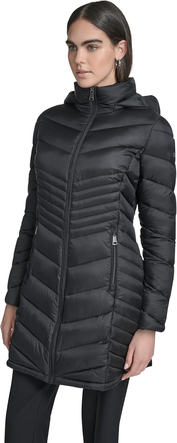 Calvin Klein Women's Hooded Chevron Quilt Puffer Coat – Slimming Longline Winter Jacket - Image 2