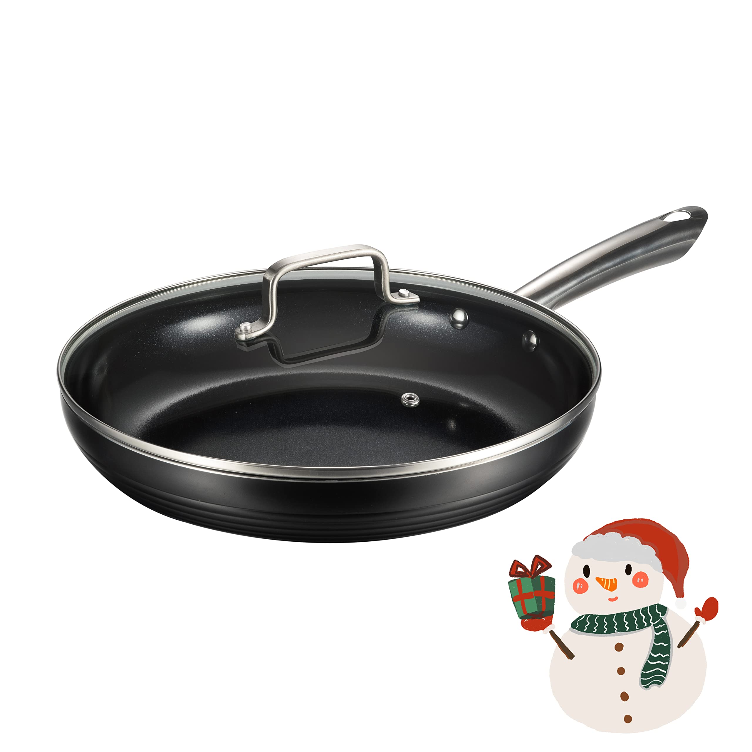 WINSDOM Padella antiaderente in alluminio con rivestimento in ceramica con coperchio, padella a induzione per uova frittate, manico in acciaio inox, 30 cm, lavabile in lavastoviglie, lavabile in
