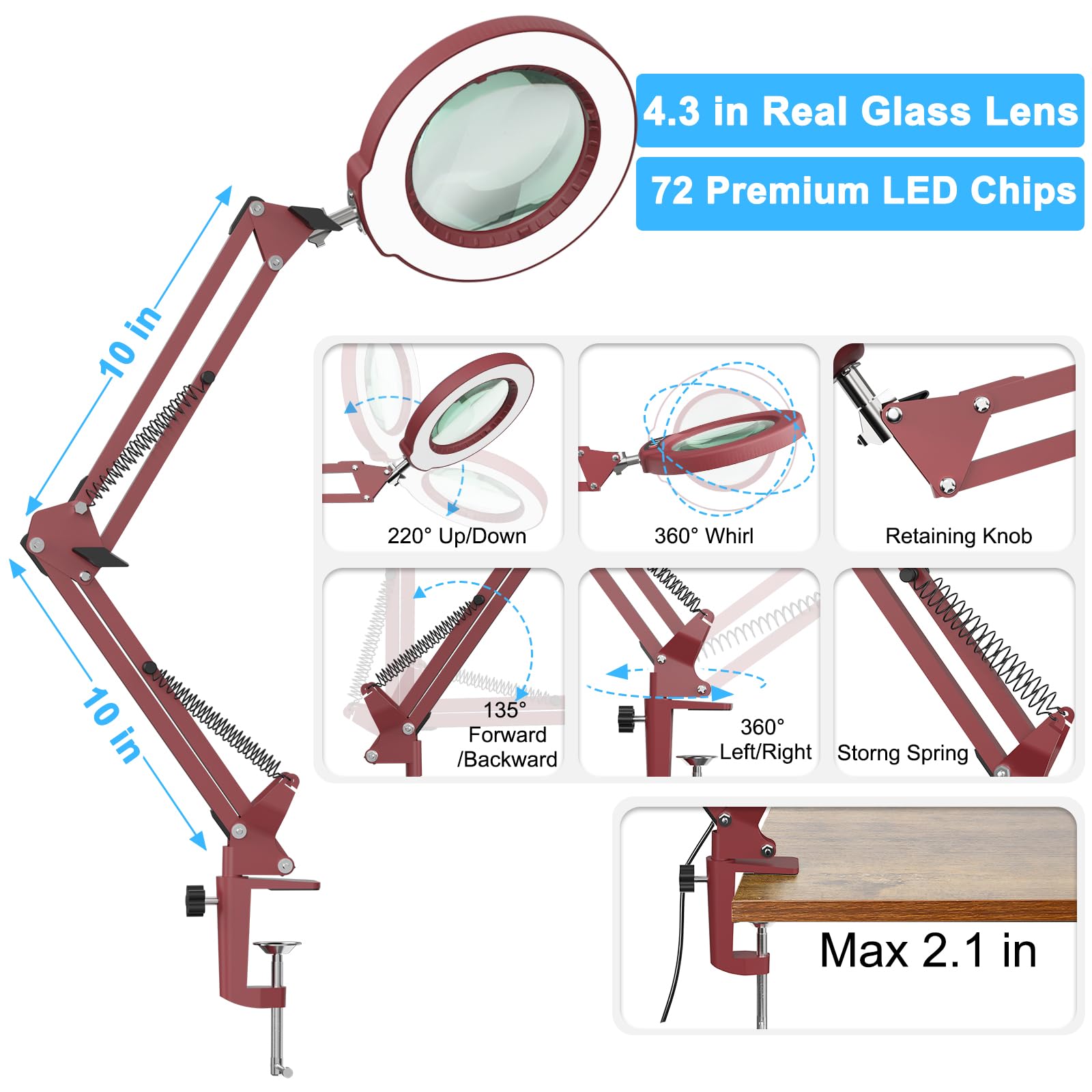 Lupa de 10 aumentos con luz y abrazadera, soporte de cristal real, lupa iluminada, 5 modos de color, lámpara de escritorio LED regulable, manos libres, para manualidades, pasatiempos, lectura, pintura