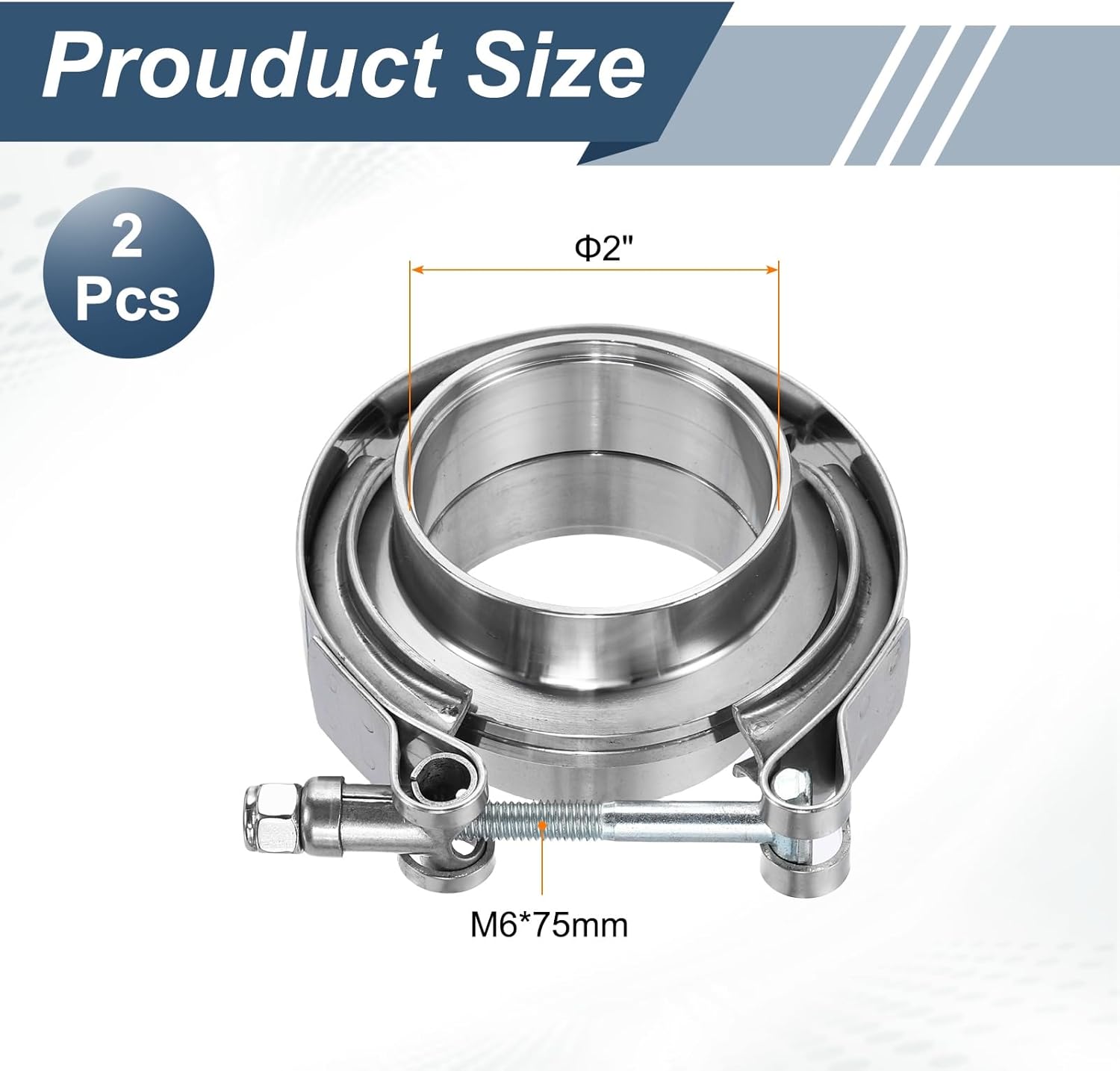 HARFINGTON 2pcs V Band Clamp with Flange 2 Inch 304 Stainless Steel Male Female V-Band Exhaust Clamp Flange Kit for Auto, Silver