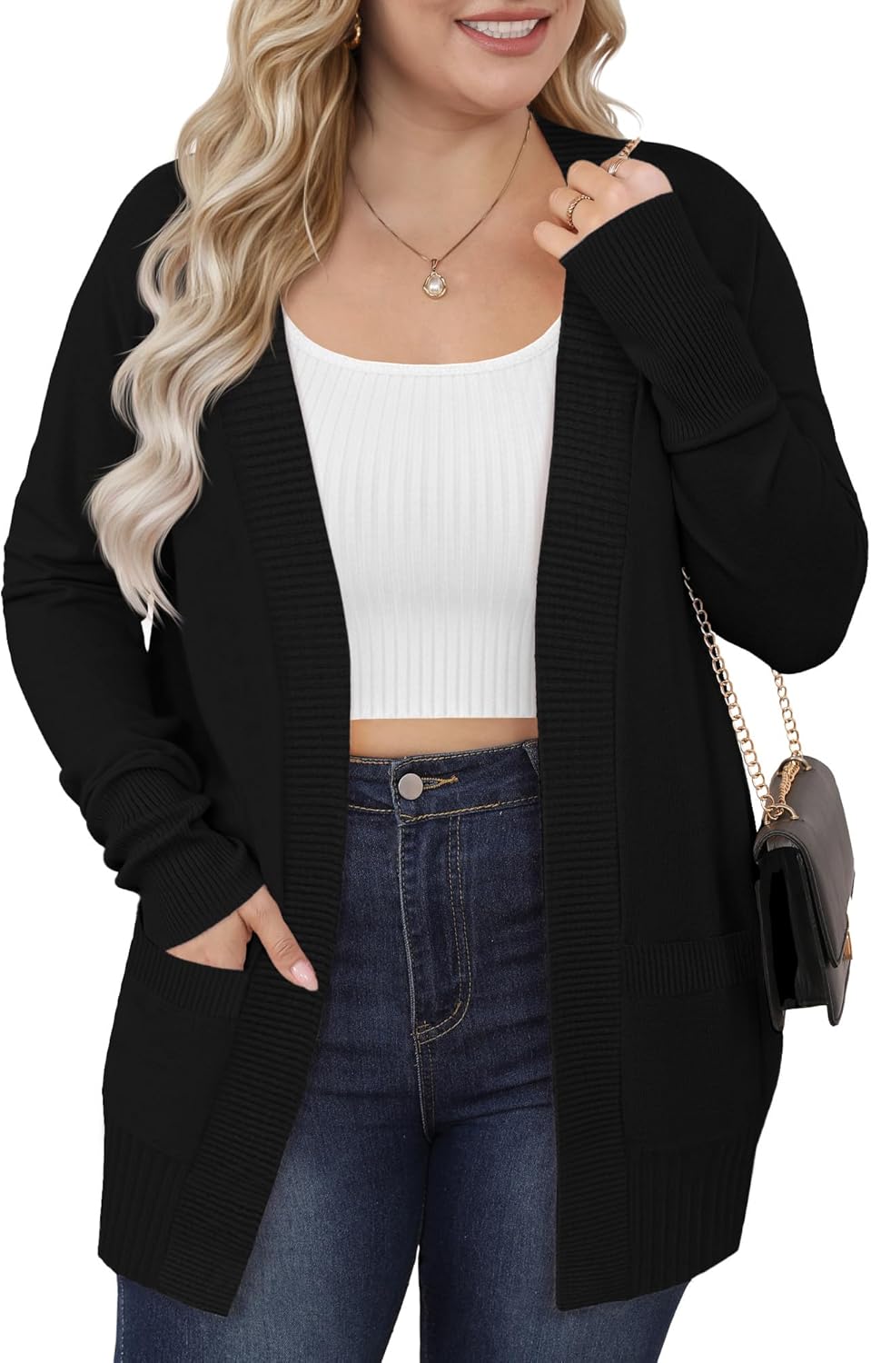 Evervibe Women's Plus Size Cardigan Open Front Casual Long Sleeve Knit Sweaters with Pockets 2025 Lightweight Knit Cardigan