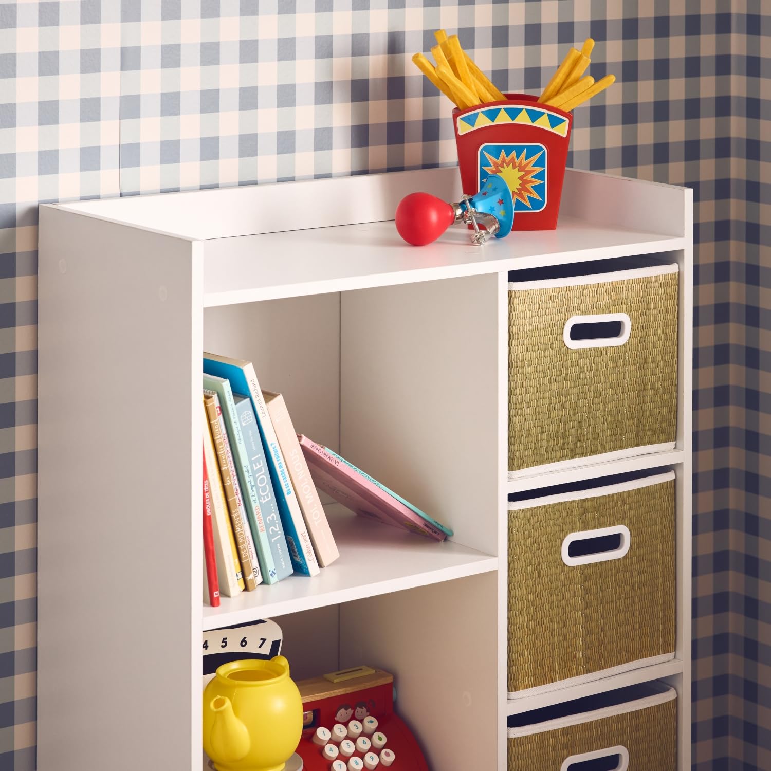 sweeek - Meuble de Rangement pour Enfant avec 7 Compartiments et 4 paniers Fibre Naturelle
