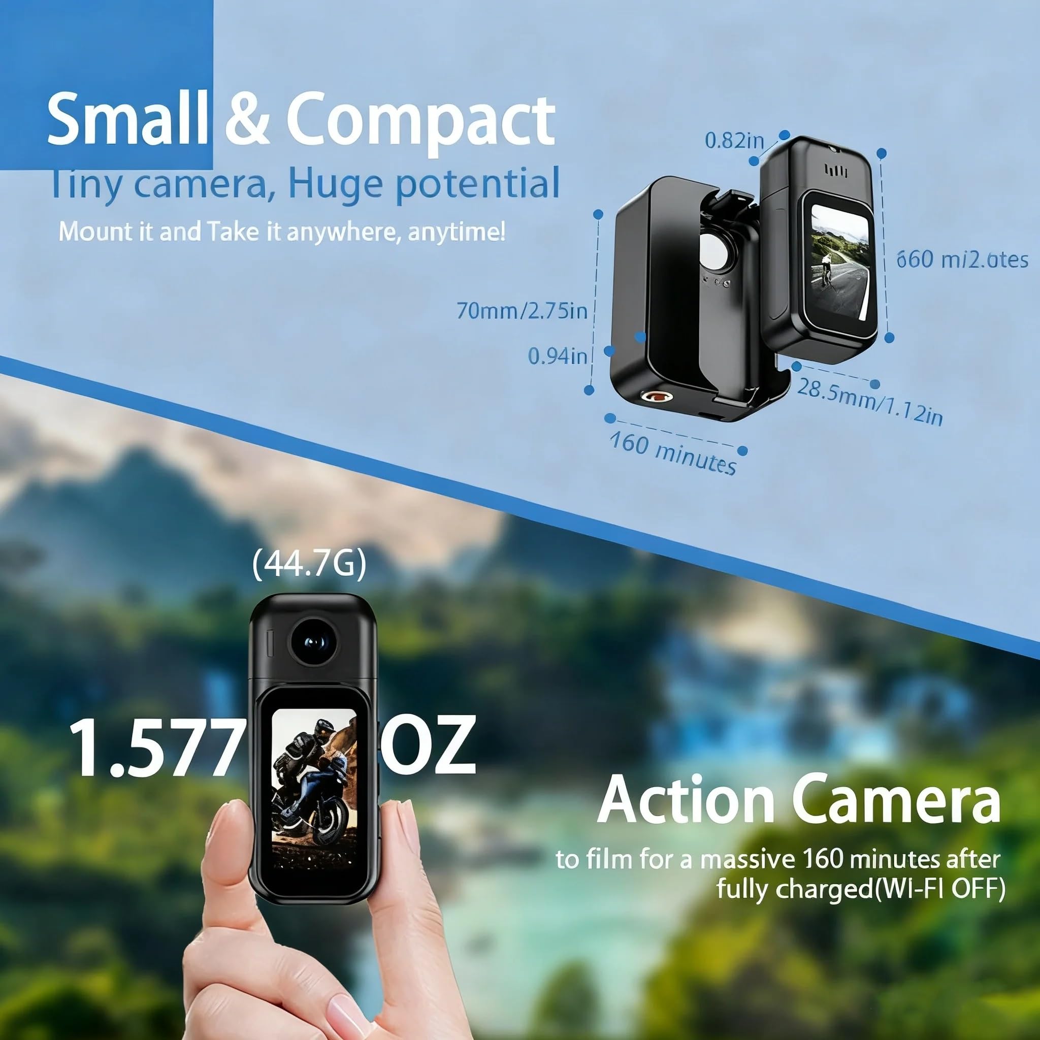 Caméra Sport 4K WiFi Objectif Rotatif 180° Mini Caméra de Poche avec Écran Tactile 1,47" & Boîtier de Charge Action Cam Portable Étanche Aimanté Mains Libres Camera Vlog POV pour Moto Casque,Velo